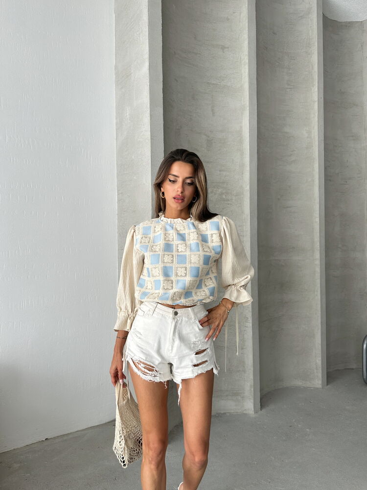 Topshow Taş Mavi Dantel Detaylı Toptan Bluz
