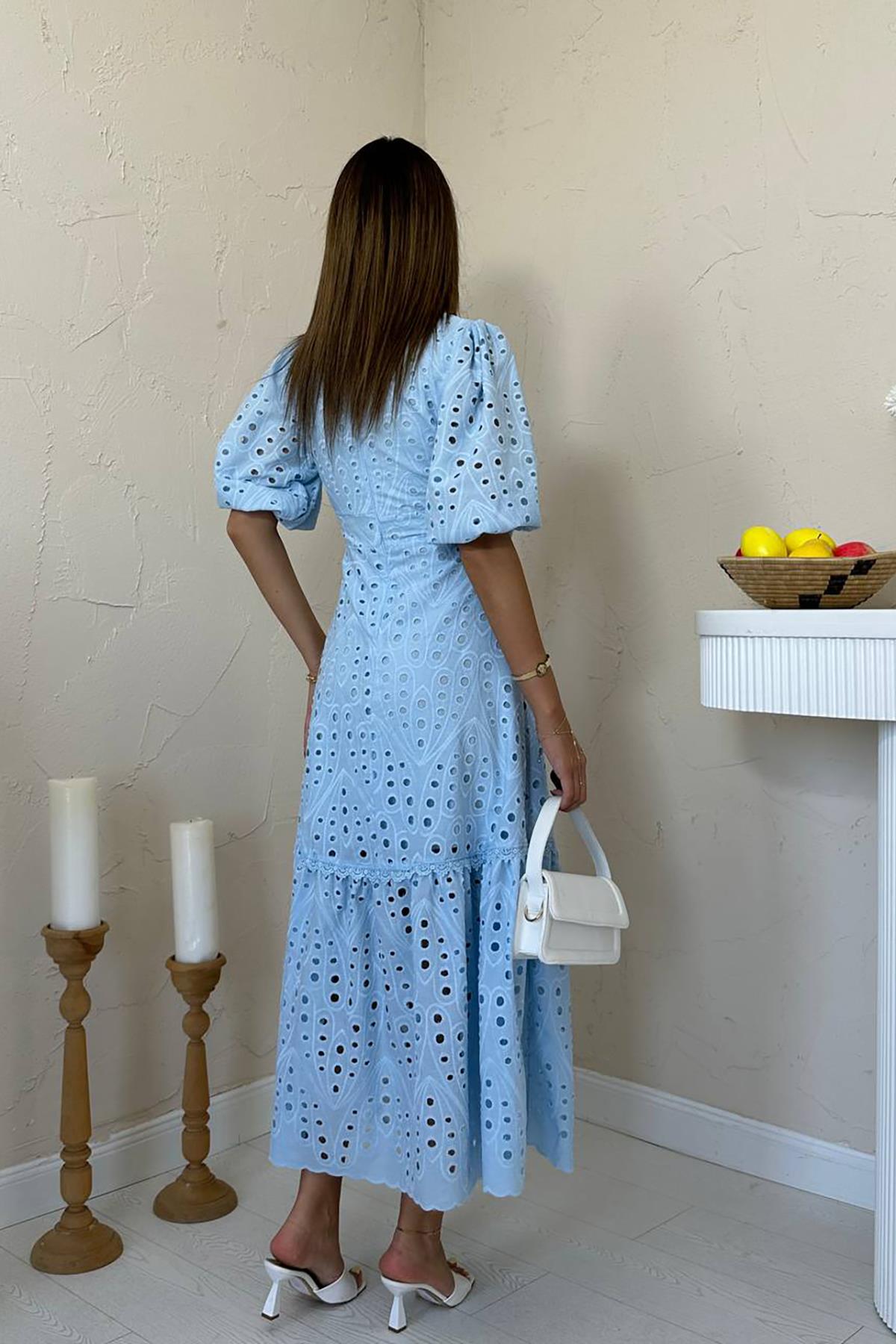 Toptan Bebe Mavi Büzgü Detaylı Dantelli Brode Elbise