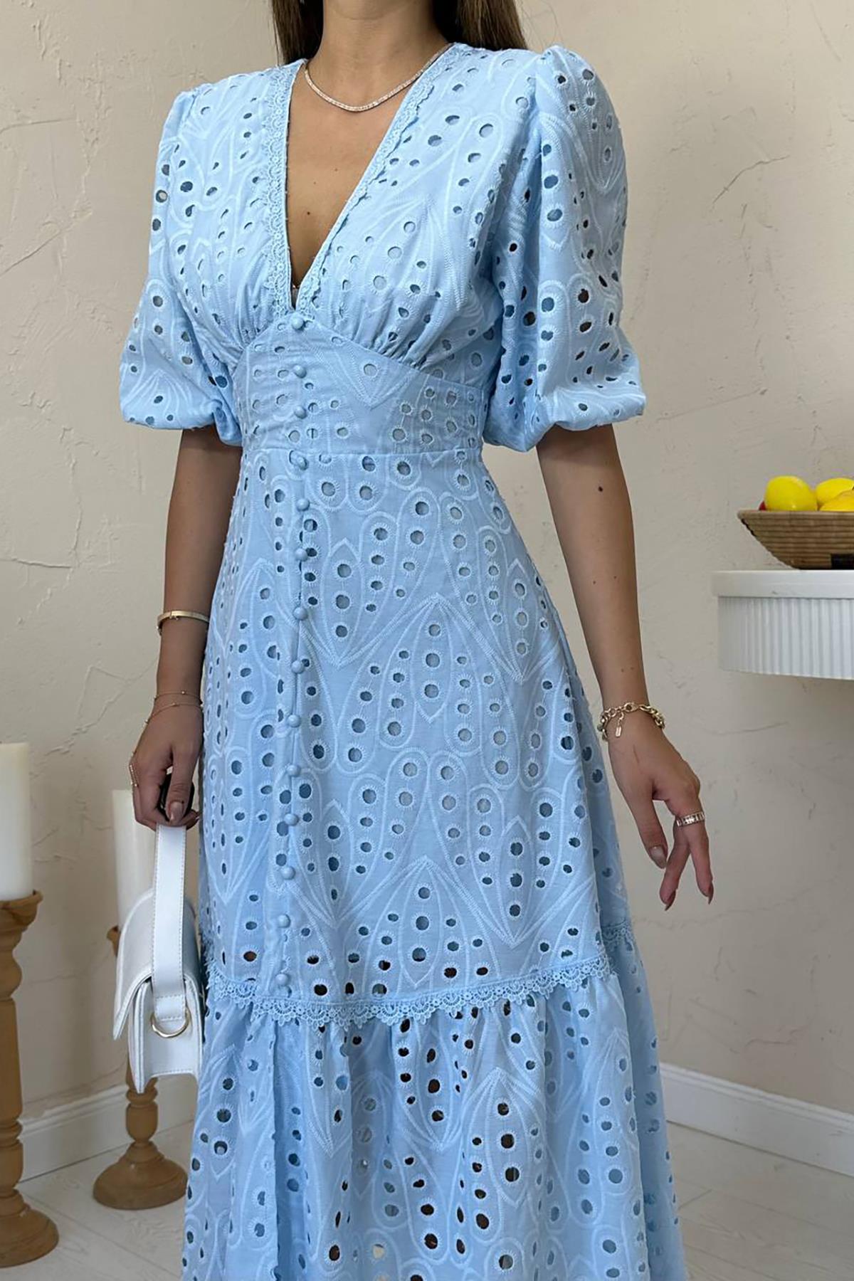 Toptan Bebe Mavi Büzgü Detaylı Dantelli Brode Elbise