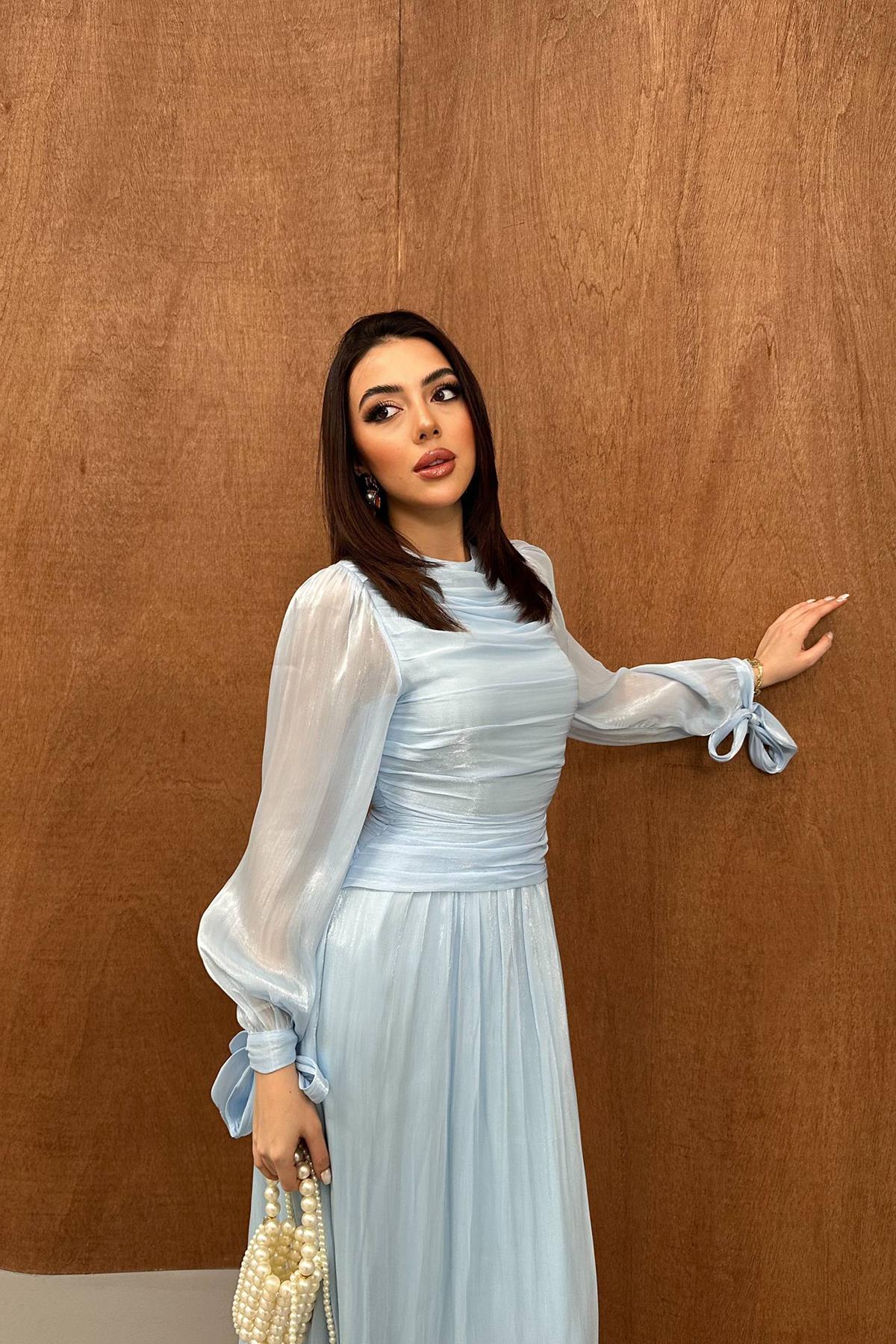 Bebe Mavi Büzgü Detaylı Manşeti Kuşaklı Elbise