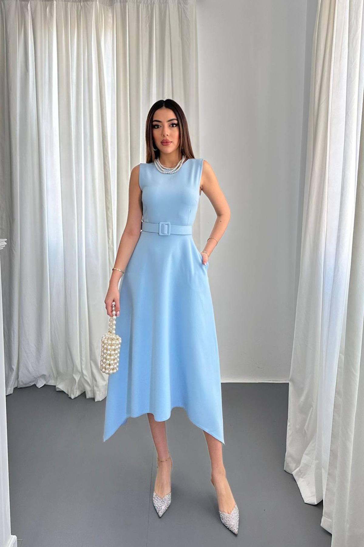 Toptan Bebe Mavi Etek Ucu Asimetrik Atlas Elbise Bebe Mavi L