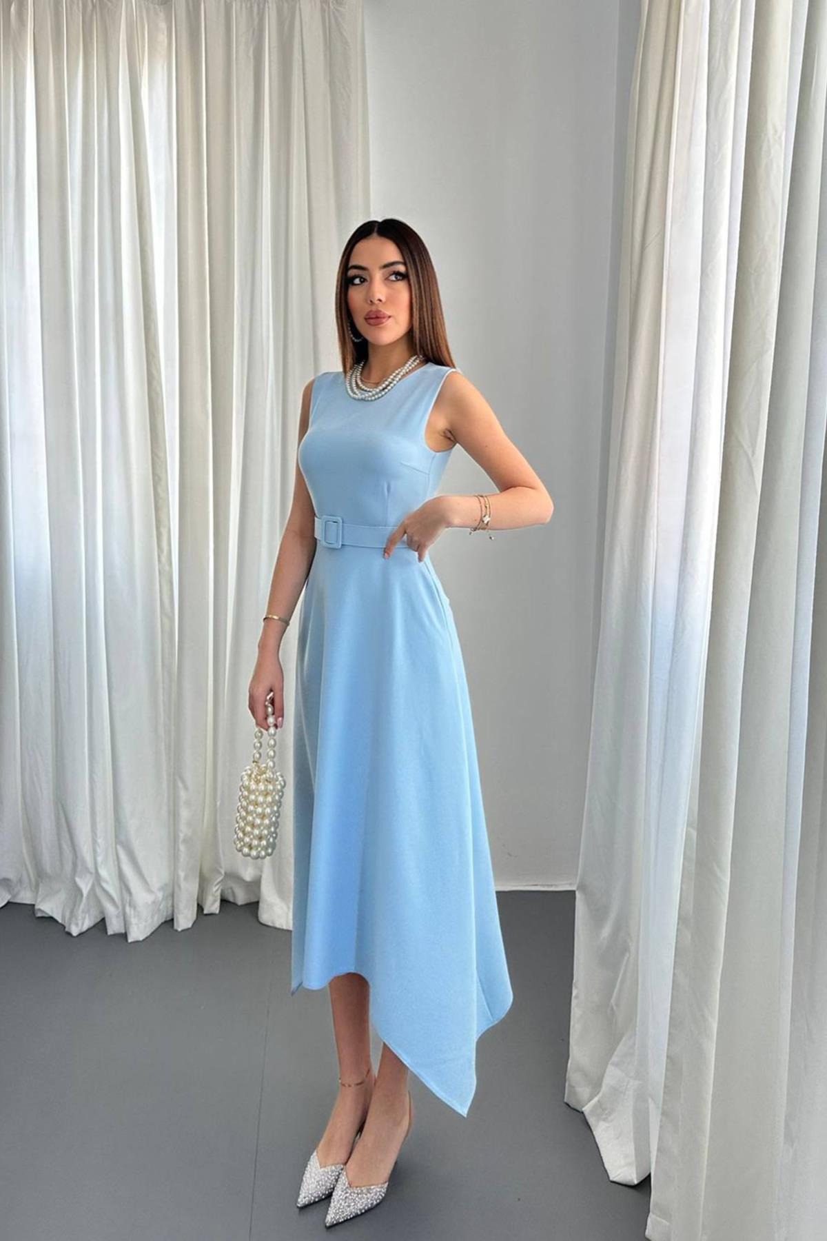 Toptan Bebe Mavi Etek Ucu Asimetrik Atlas Elbise