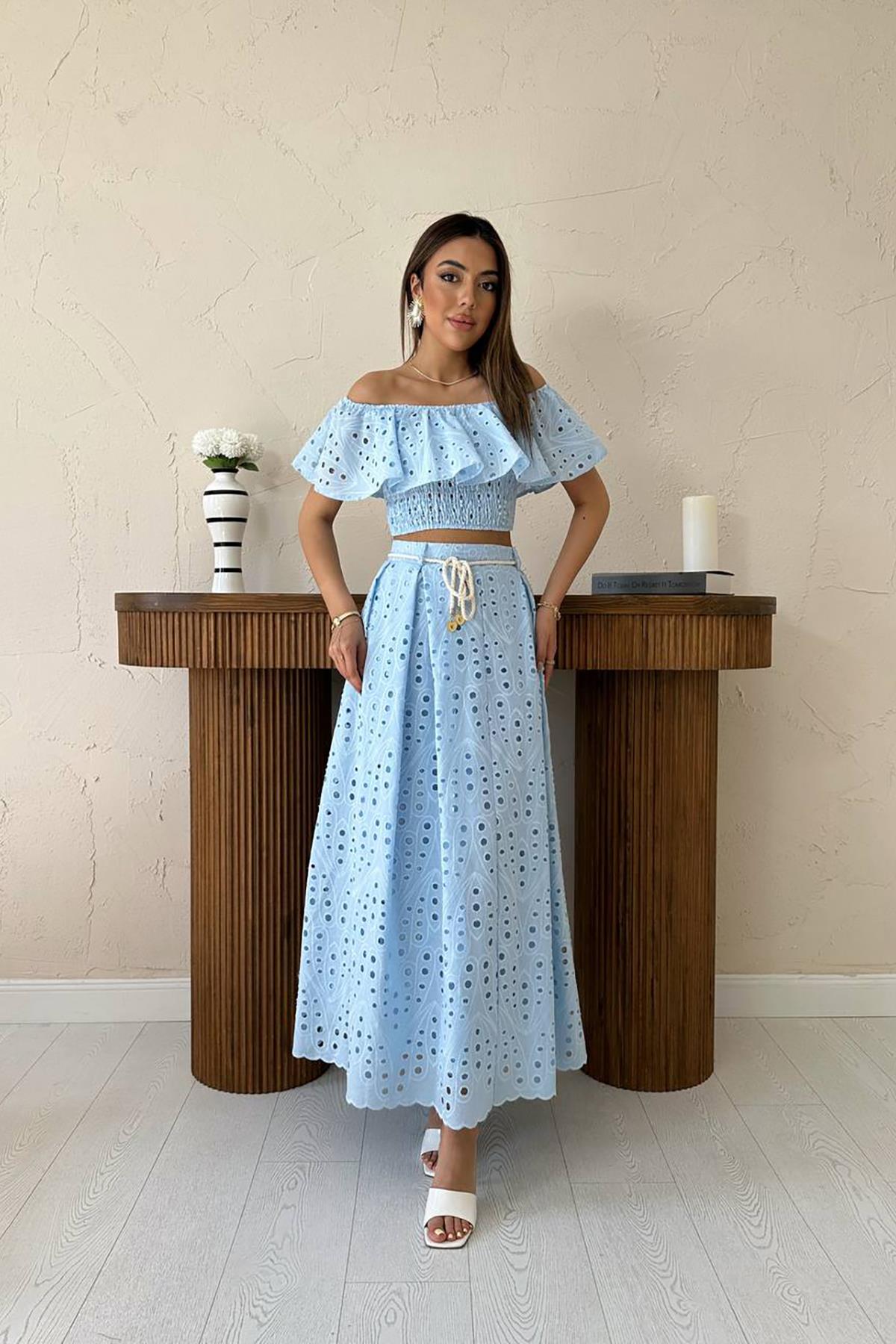 Toptan Bebe Mavi Gipeli Bluz Etek Takım Bebe Mavi L