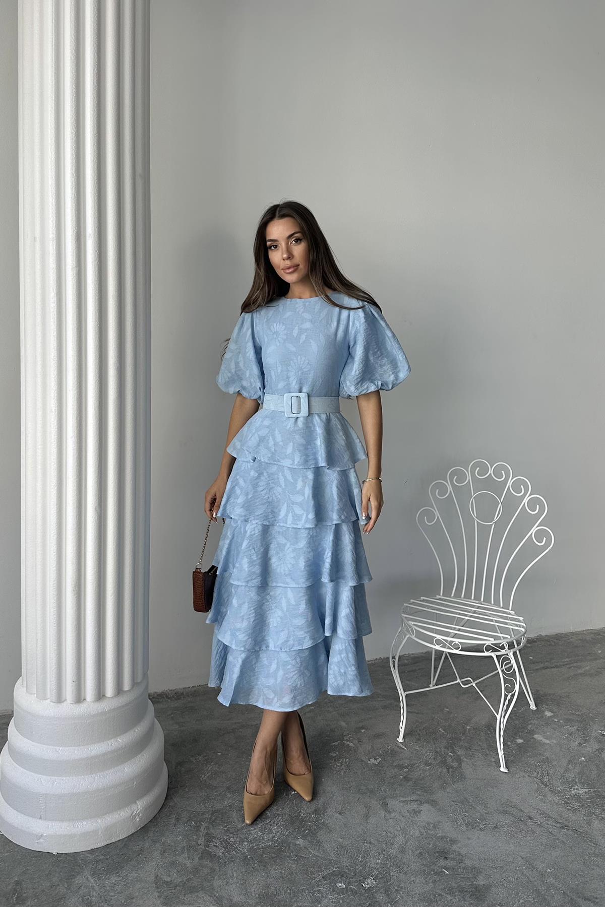 Toptan Bebe Mavi Kat Kat Balon Kollu Kemerli Elbise