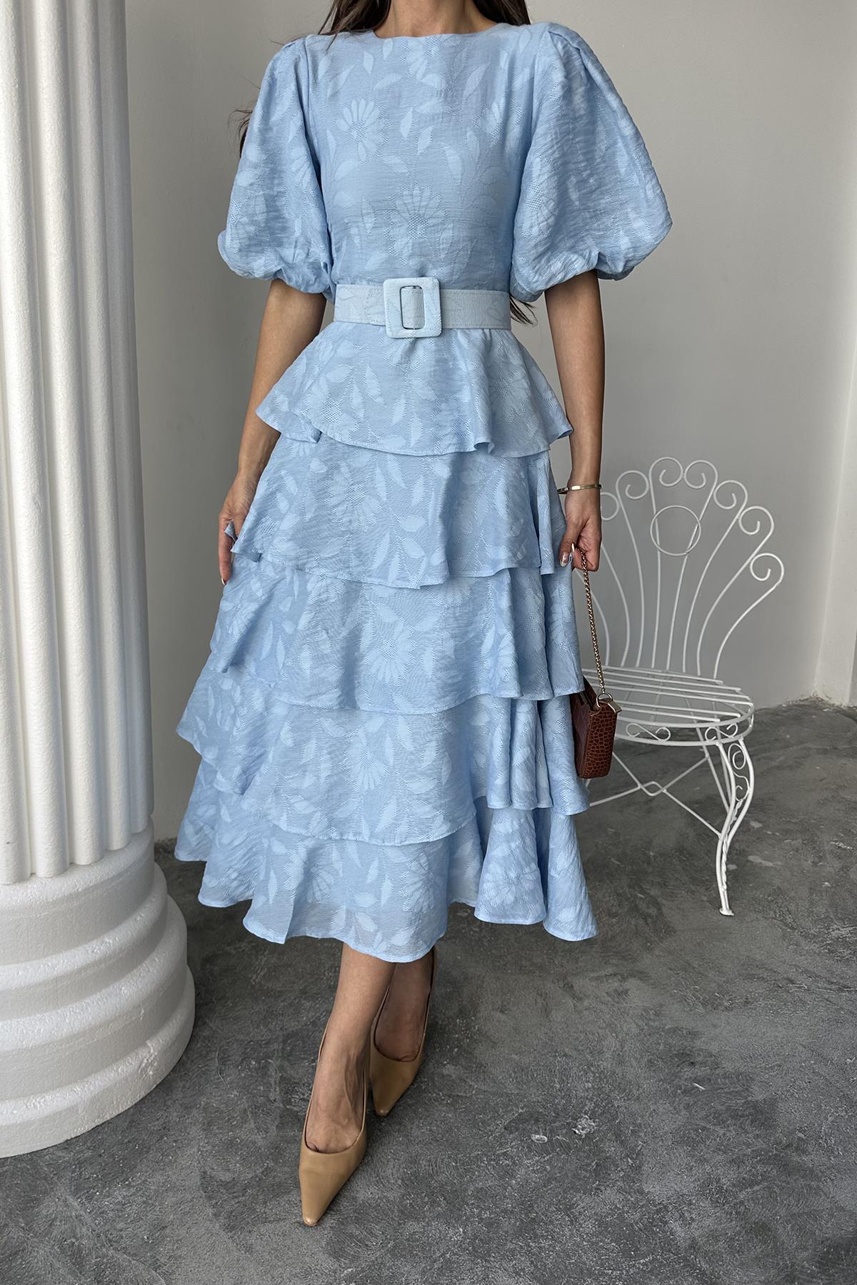 Toptan Bebe Mavi Kat Kat Balon Kollu Kemerli Elbise