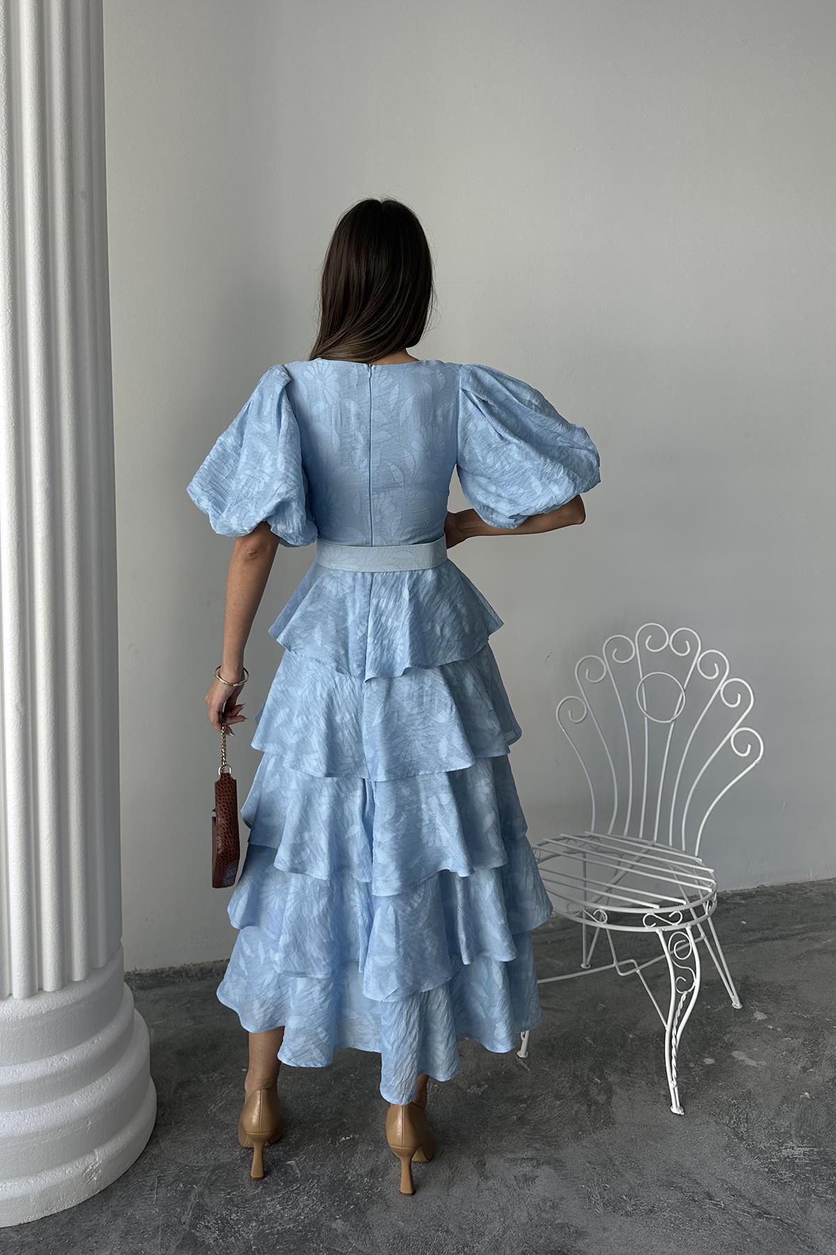 Toptan Bebe Mavi Kat Kat Balon Kollu Kemerli Elbise