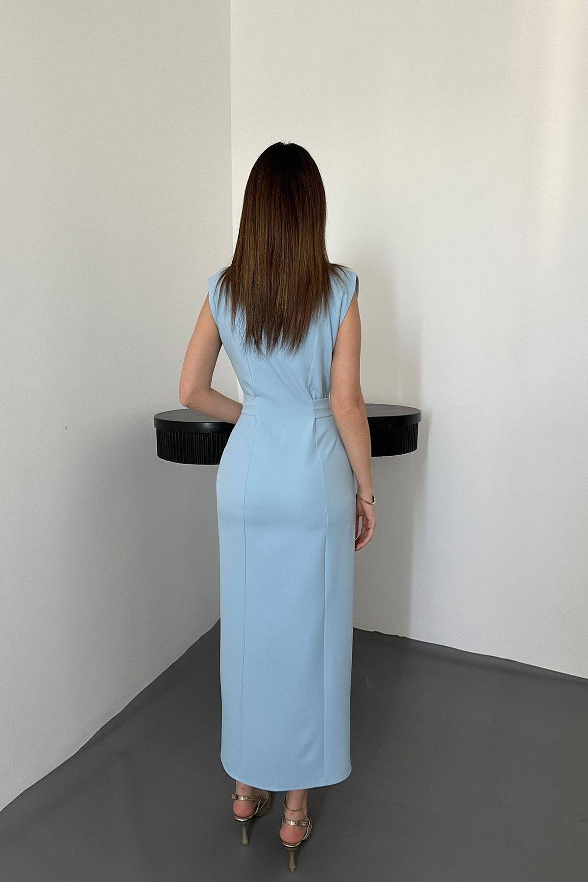 Toptan Bebe Mavi Kemer Aksesuarlı Atlas Elbise