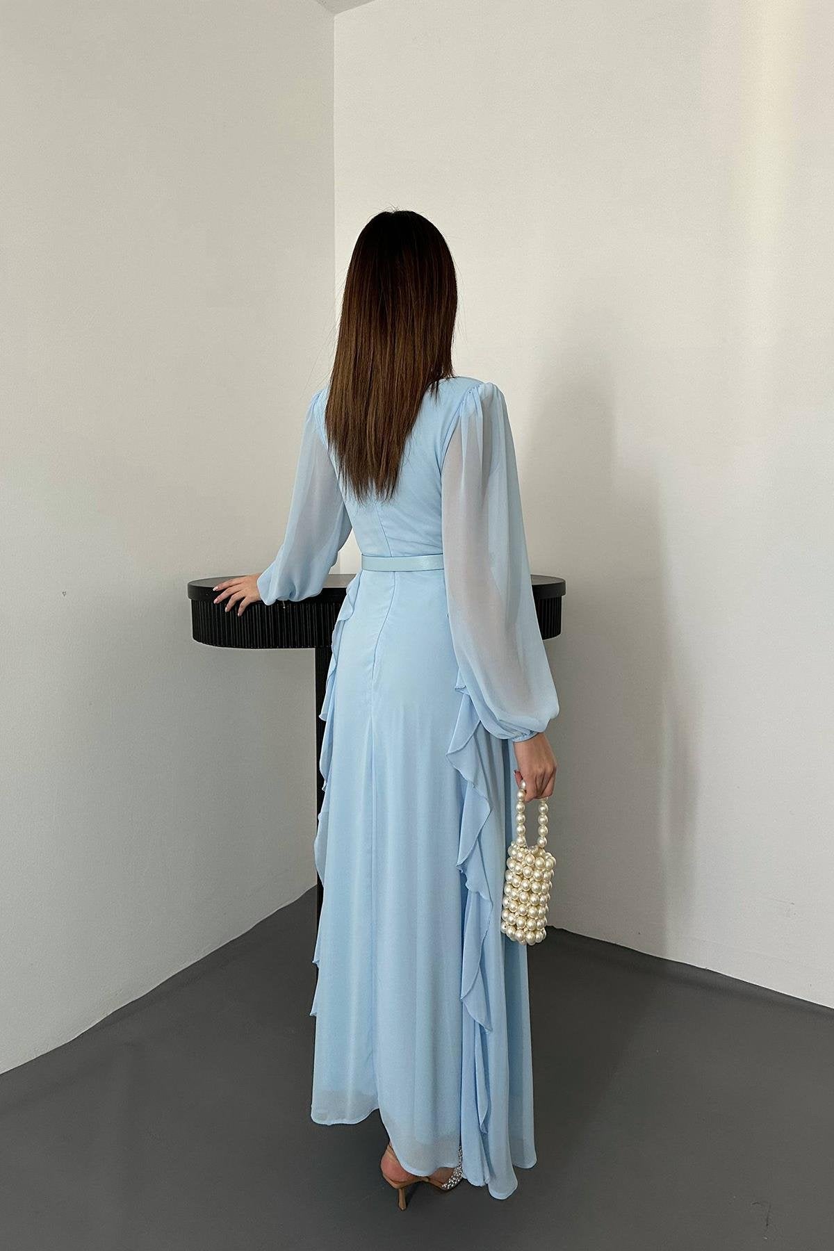 Toptan Bebe Mavi Kemerli Şifon Elbise