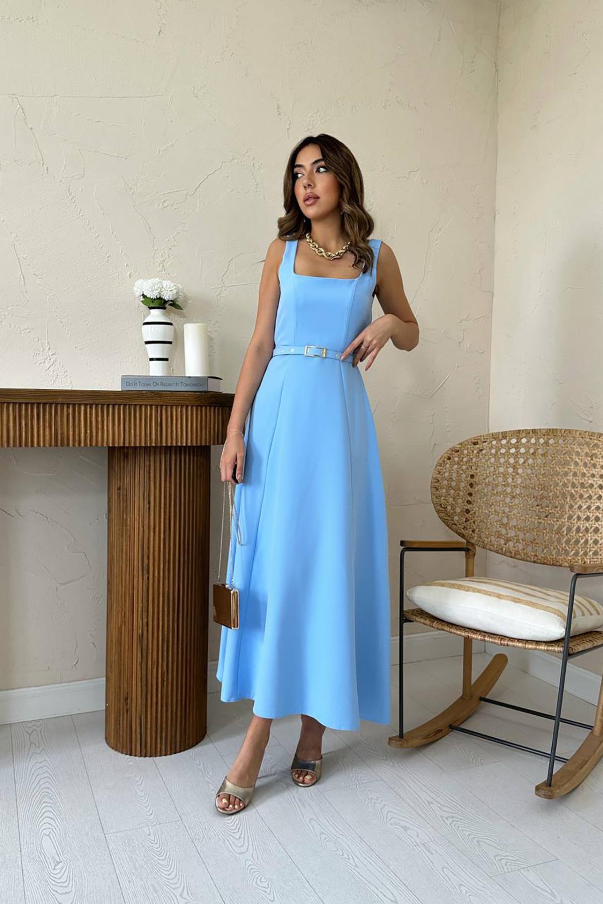 Toptan Bebe Mavi Kemerli Uzun Atlas Elbise