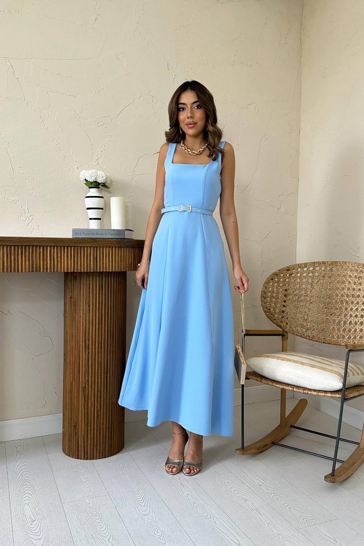 Toptan Bebe Mavi Kemerli Uzun Atlas Elbise Bebe Mavi L