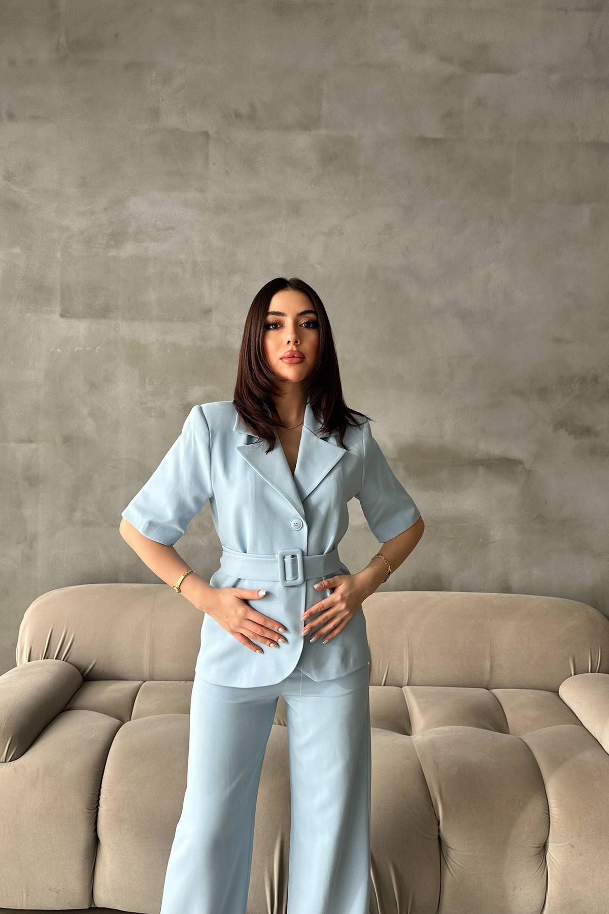 Toptan Bebe Mavi Kısa Kollu Ceket Pantolon Takım