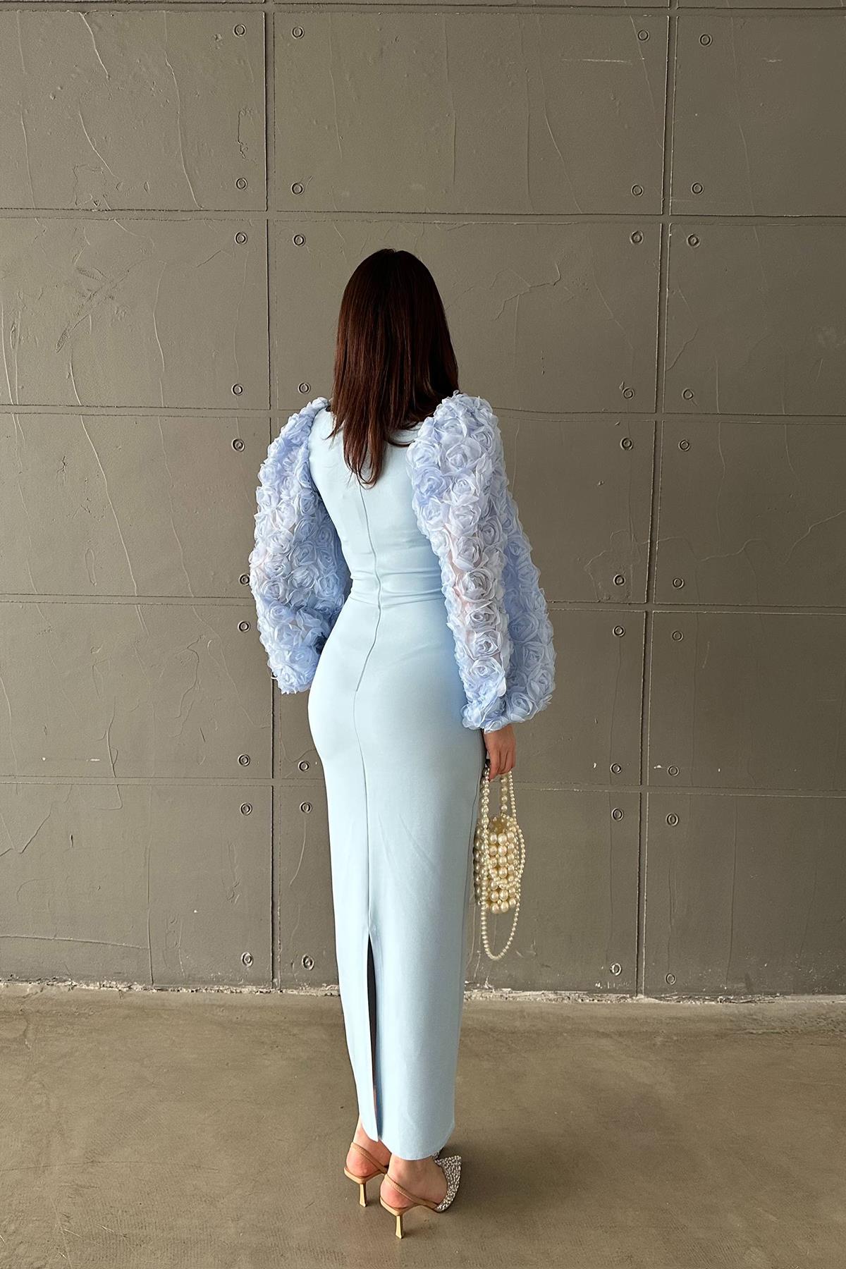 Toptan Bebe Mavi Kolları Çiçekli Atlas Elbise