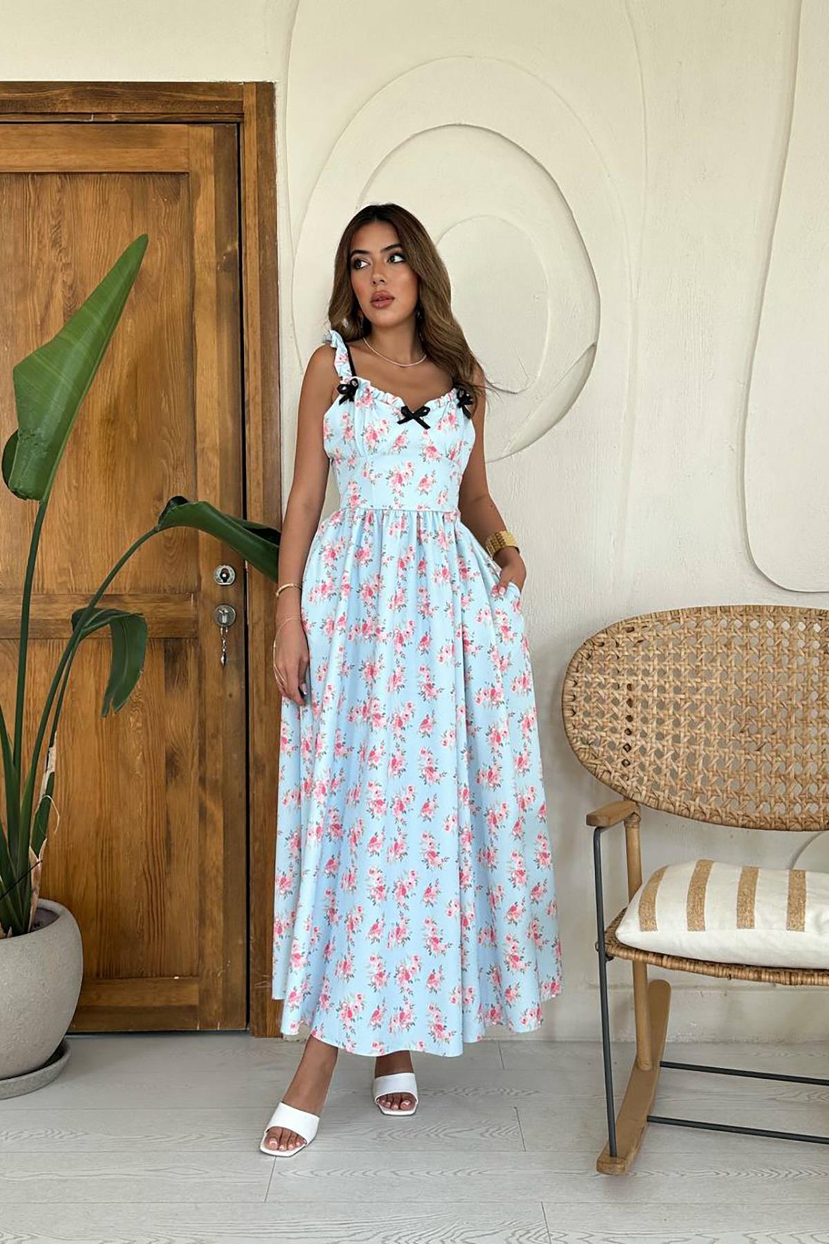 Toptan Bebe Mavi Önü Fiyonklu Çiçekli Elbise Bebe Mavi L