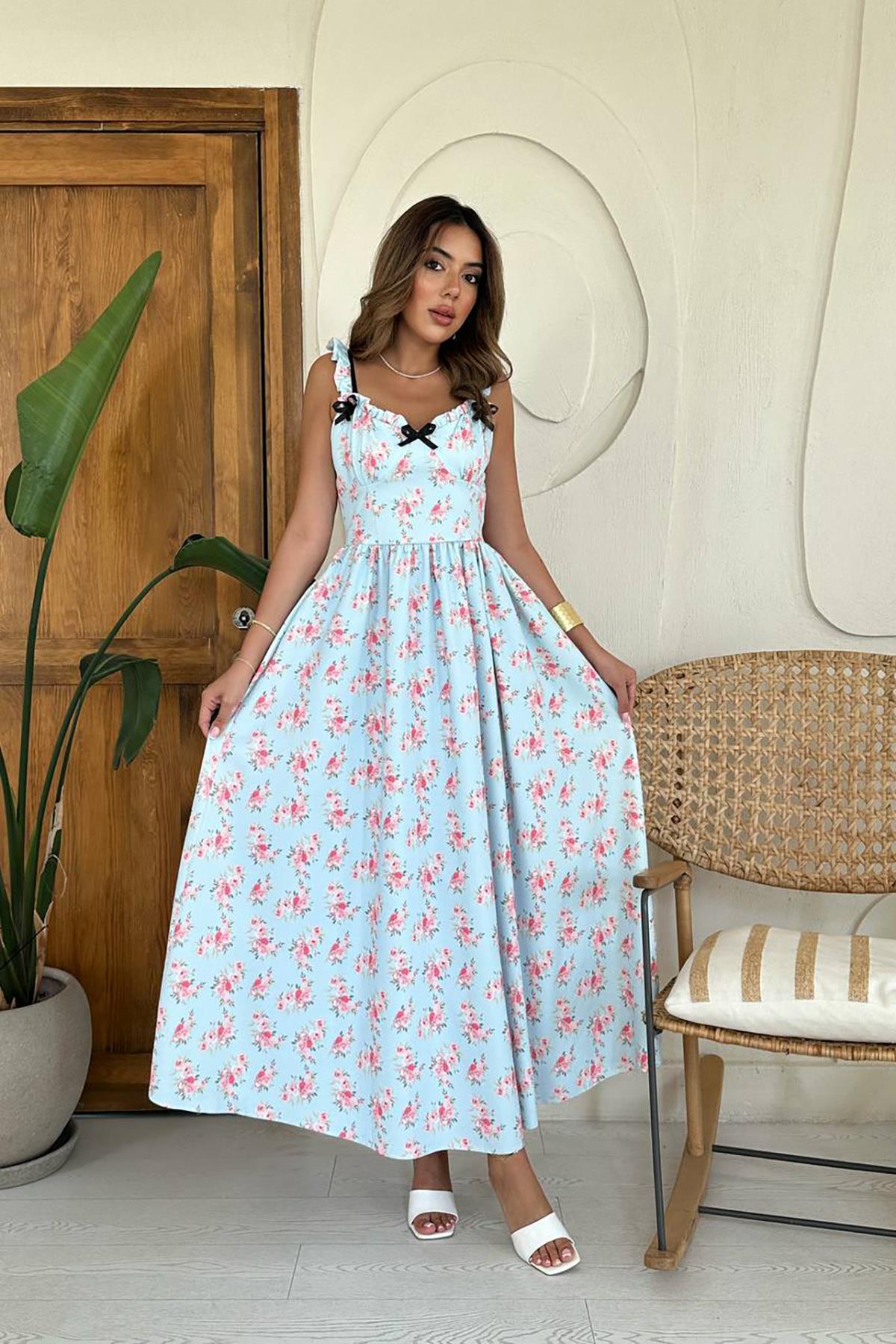 Toptan Bebe Mavi Önü Fiyonklu Çiçekli Elbise