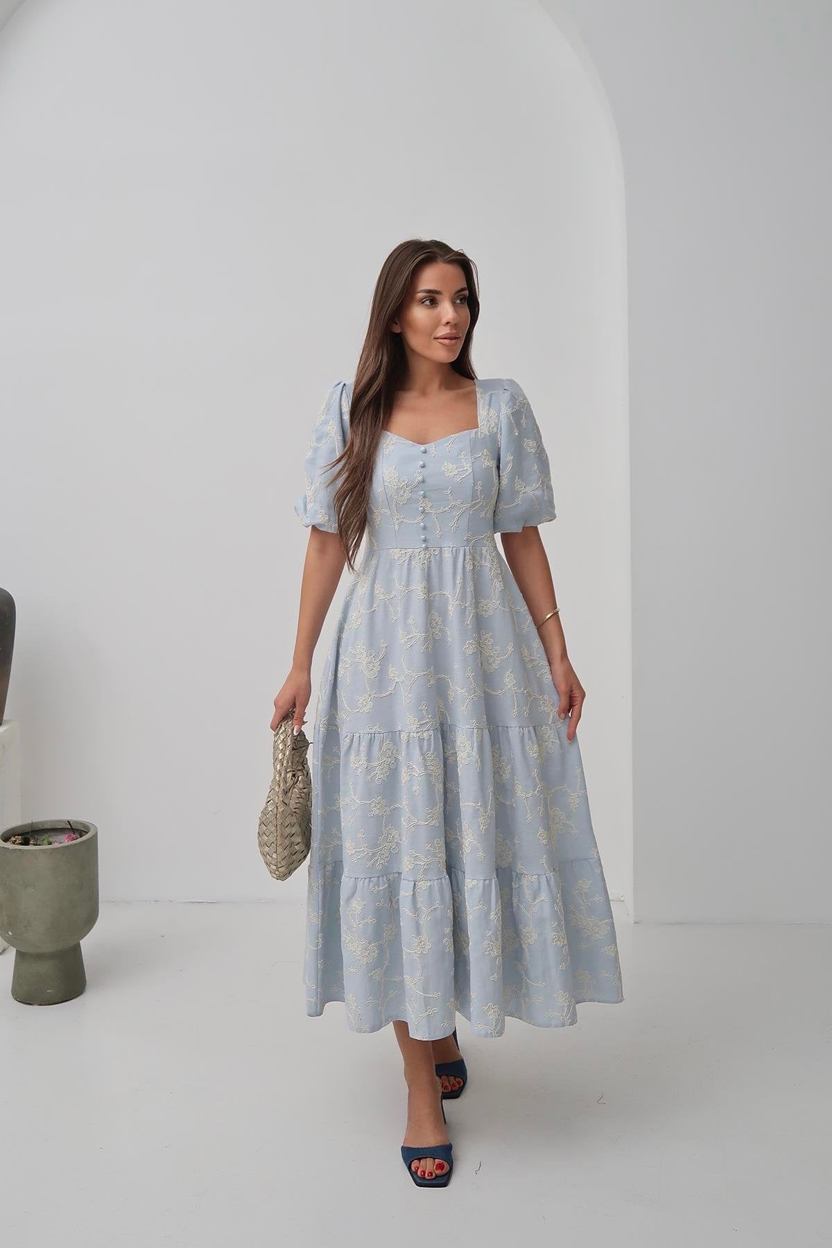 Toptan Bebe Mavi Süs Düğmeli Balon Kollu Elbise Bebe Mavi L