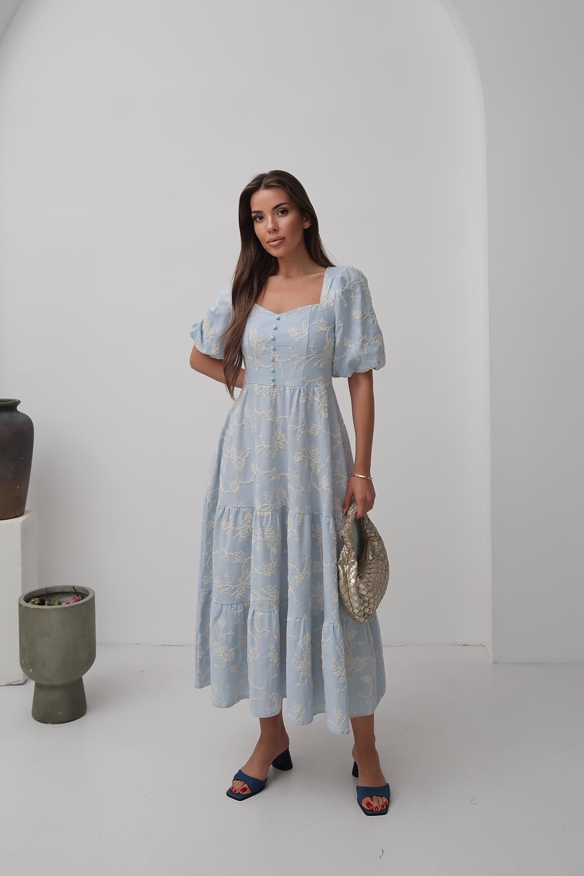 Toptan Bebe Mavi Süs Düğmeli Balon Kollu Elbise