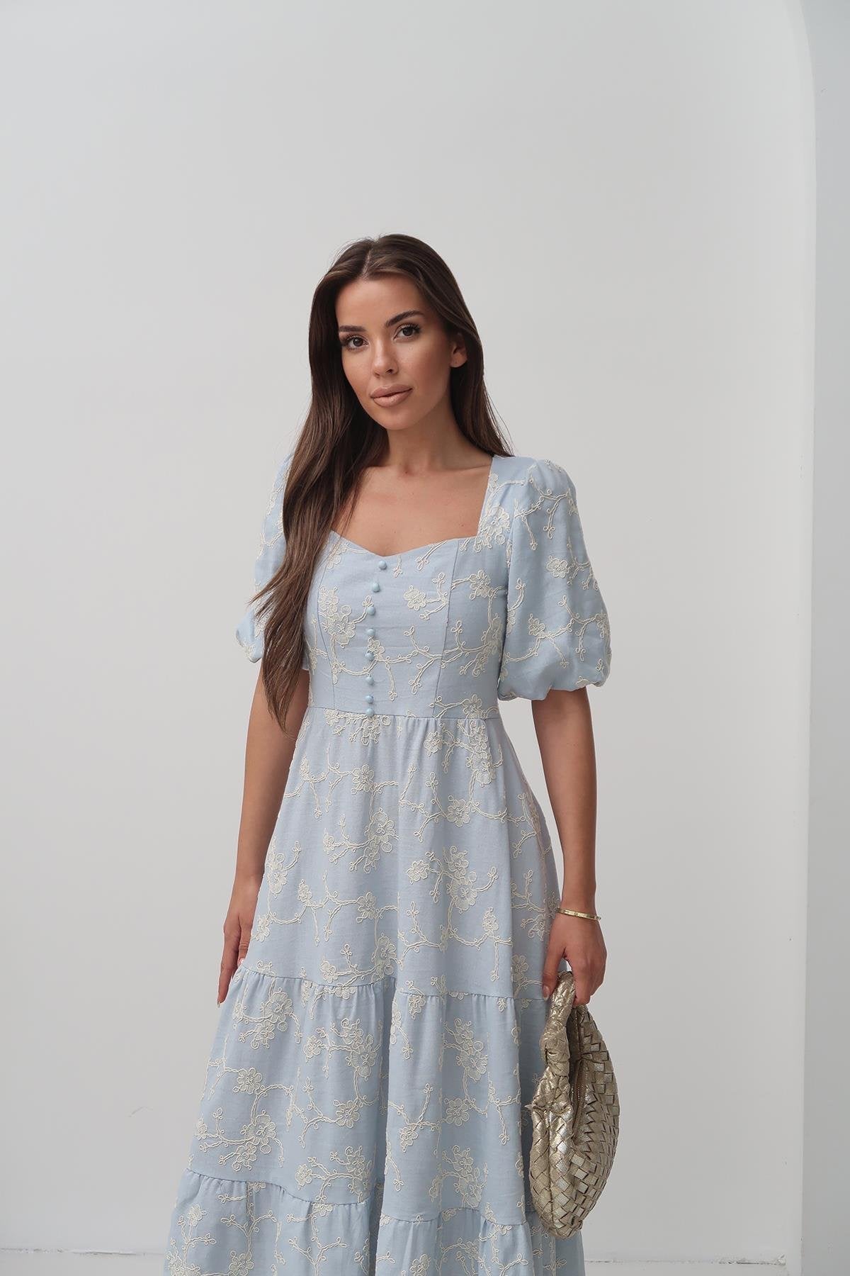 Toptan Bebe Mavi Süs Düğmeli Balon Kollu Elbise