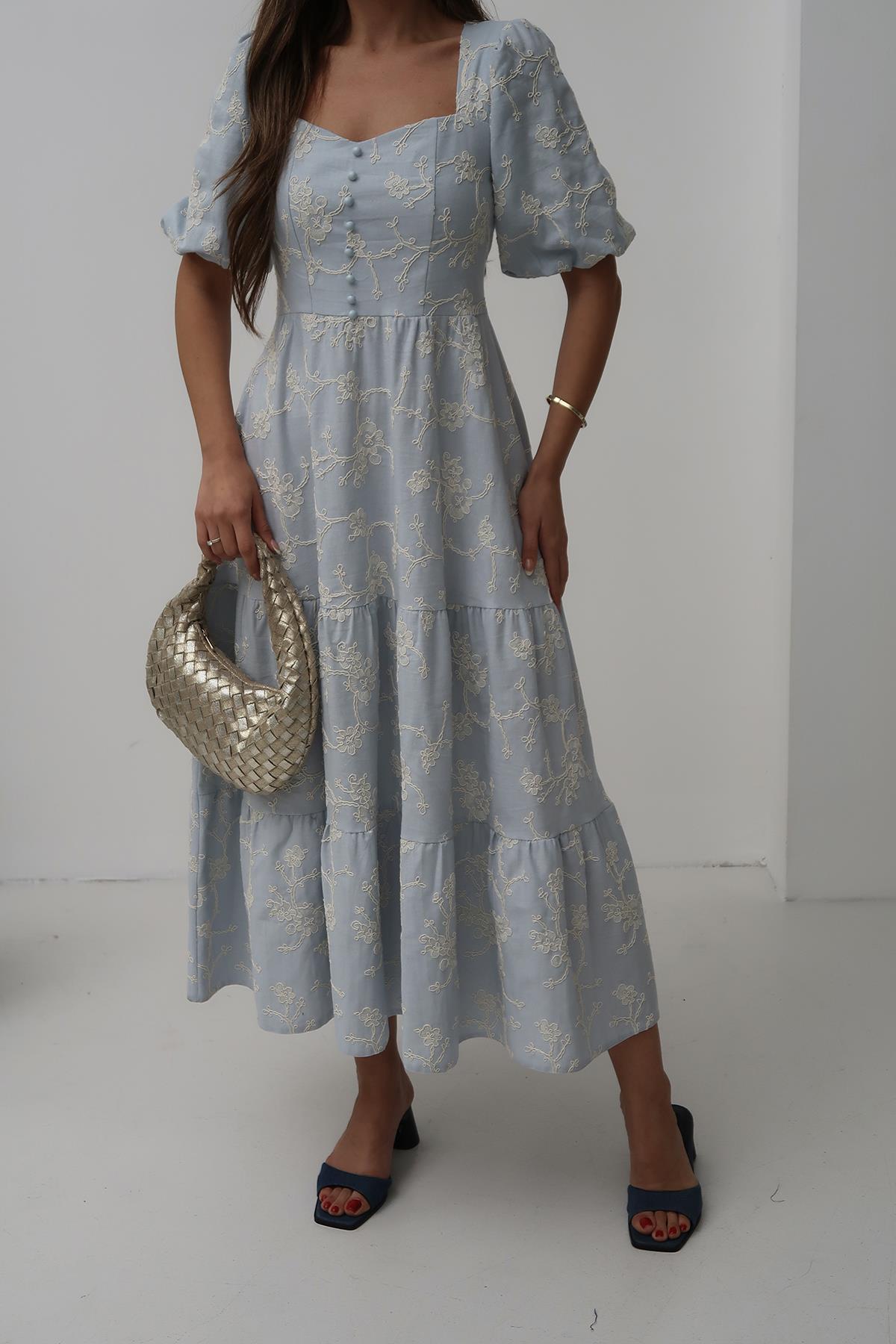 Toptan Bebe Mavi Süs Düğmeli Balon Kollu Elbise