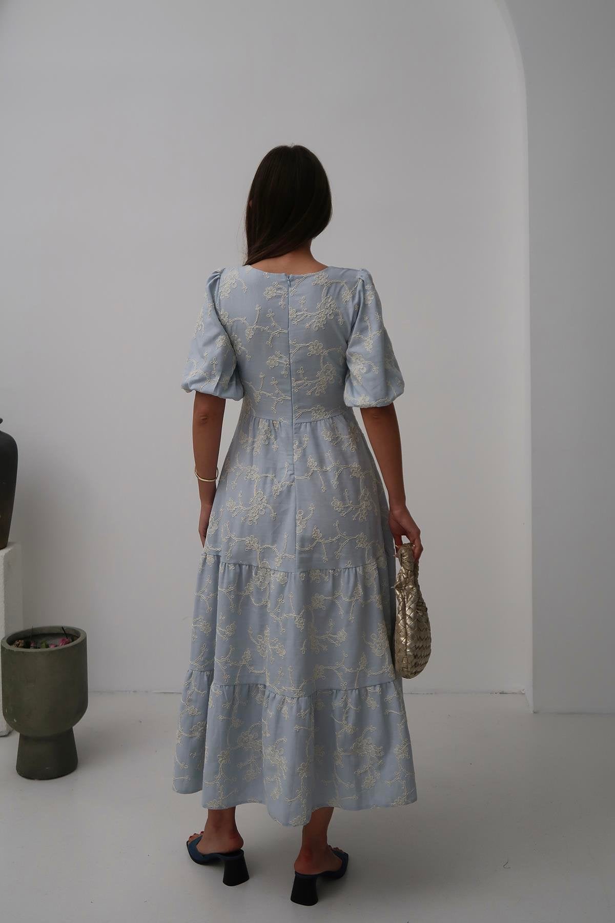 Toptan Bebe Mavi Süs Düğmeli Balon Kollu Elbise