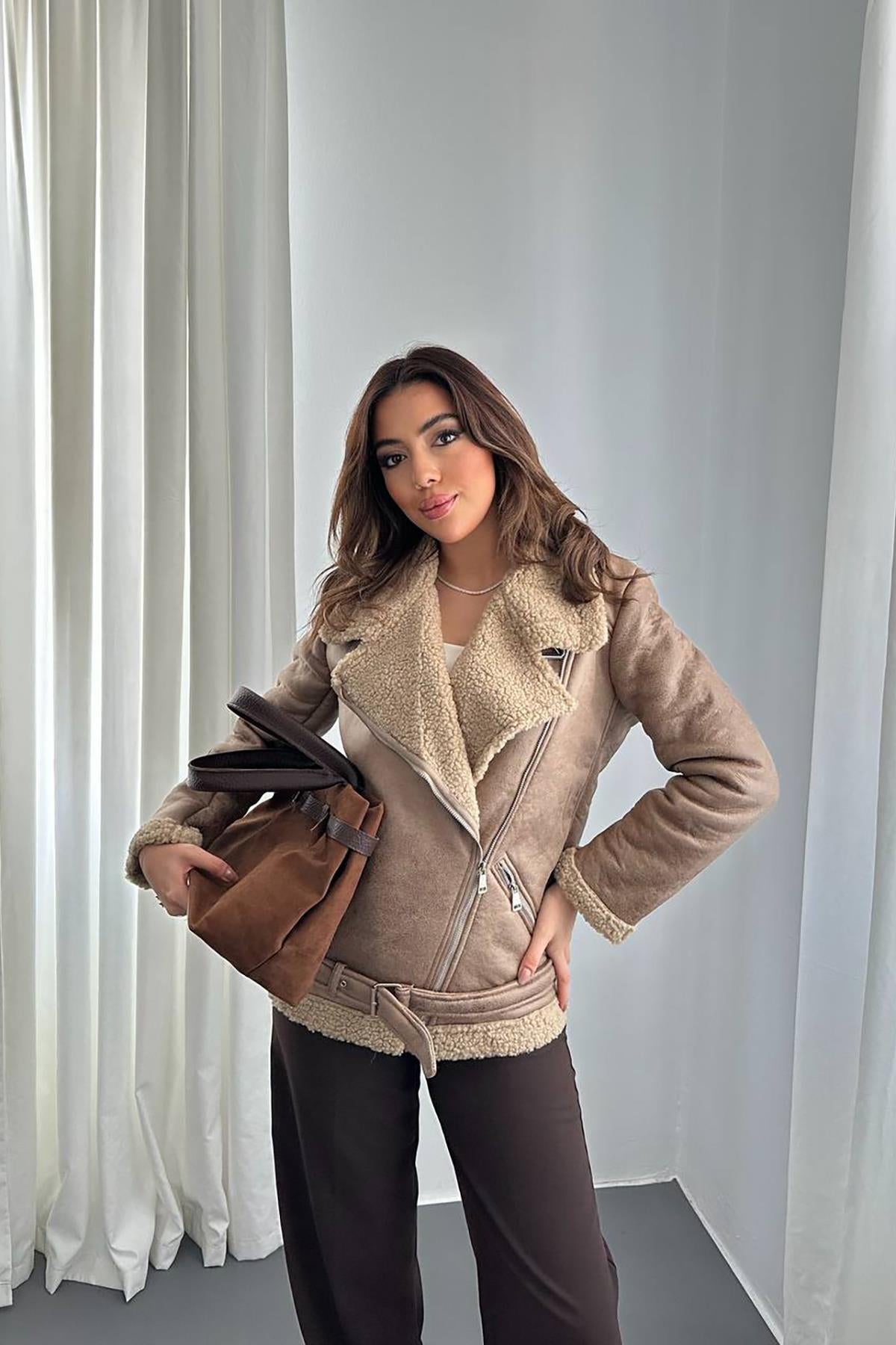 Toptan Bej Apoletli Kürklü Ceket Bej L