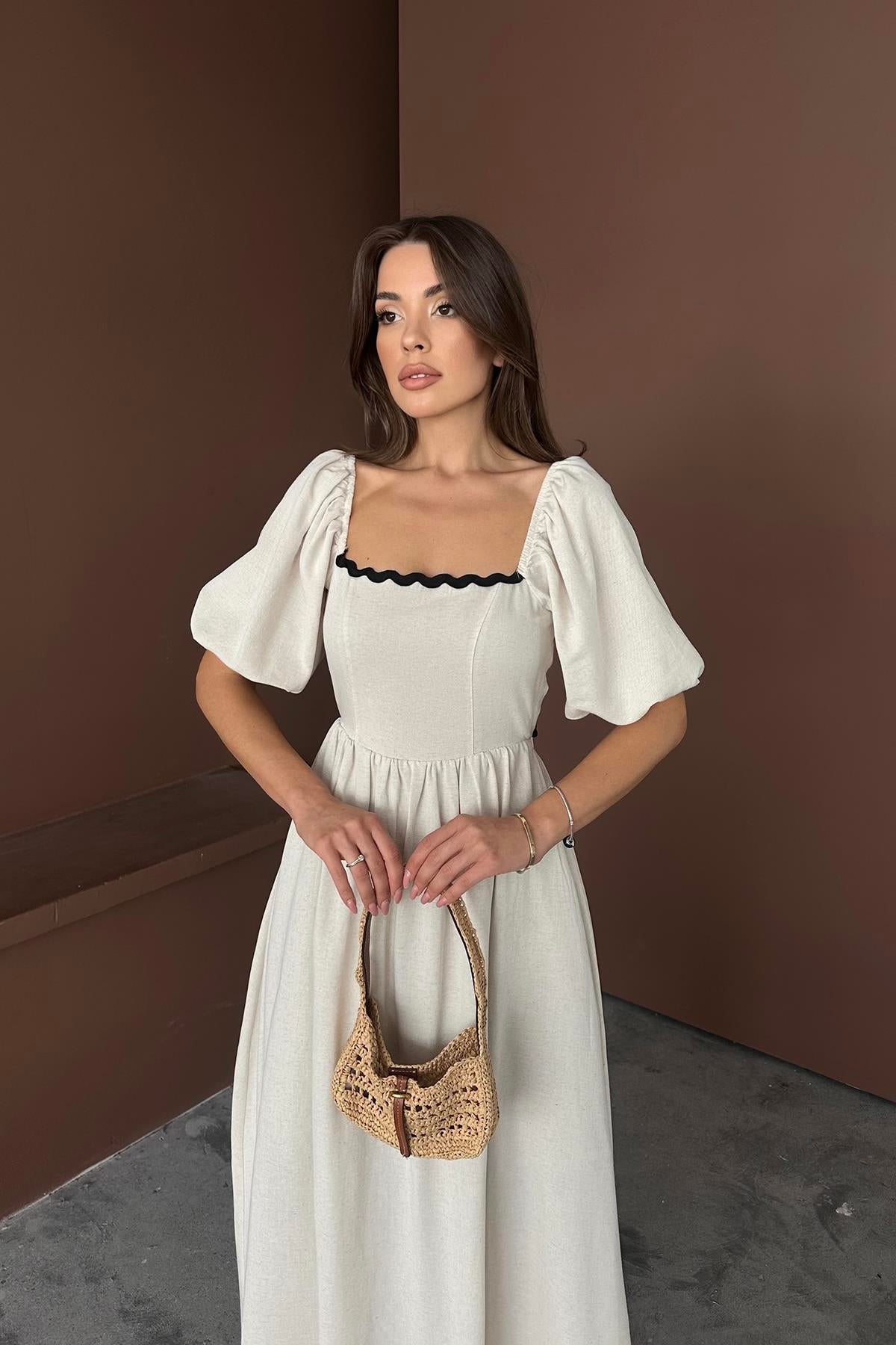 Toptan Bej Arkası Bağlamalı Keten Elbise