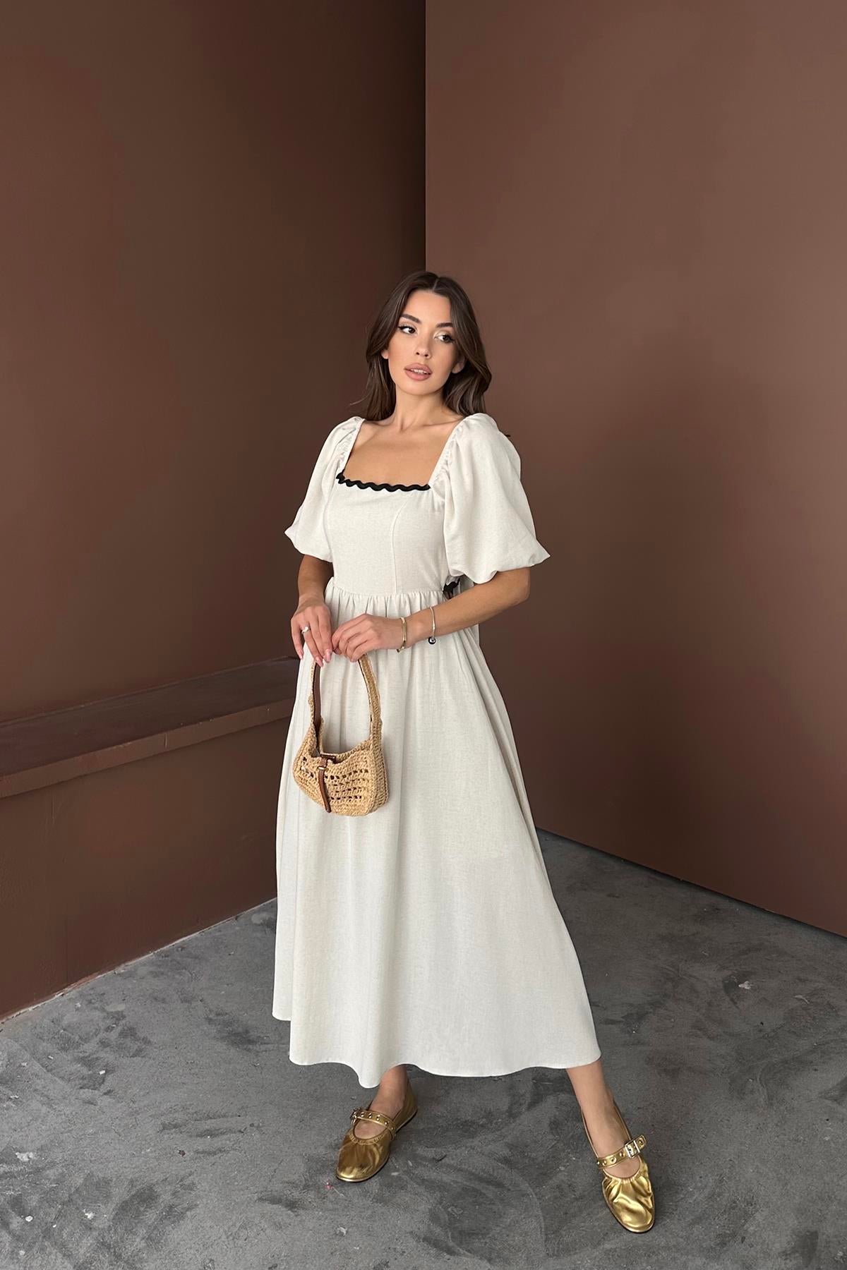 Toptan Bej Arkası Bağlamalı Keten Elbise