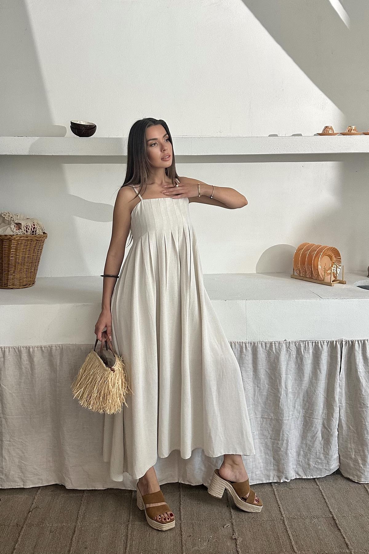 Toptan Bej Askılı Pileli Keten Elbise Bej L