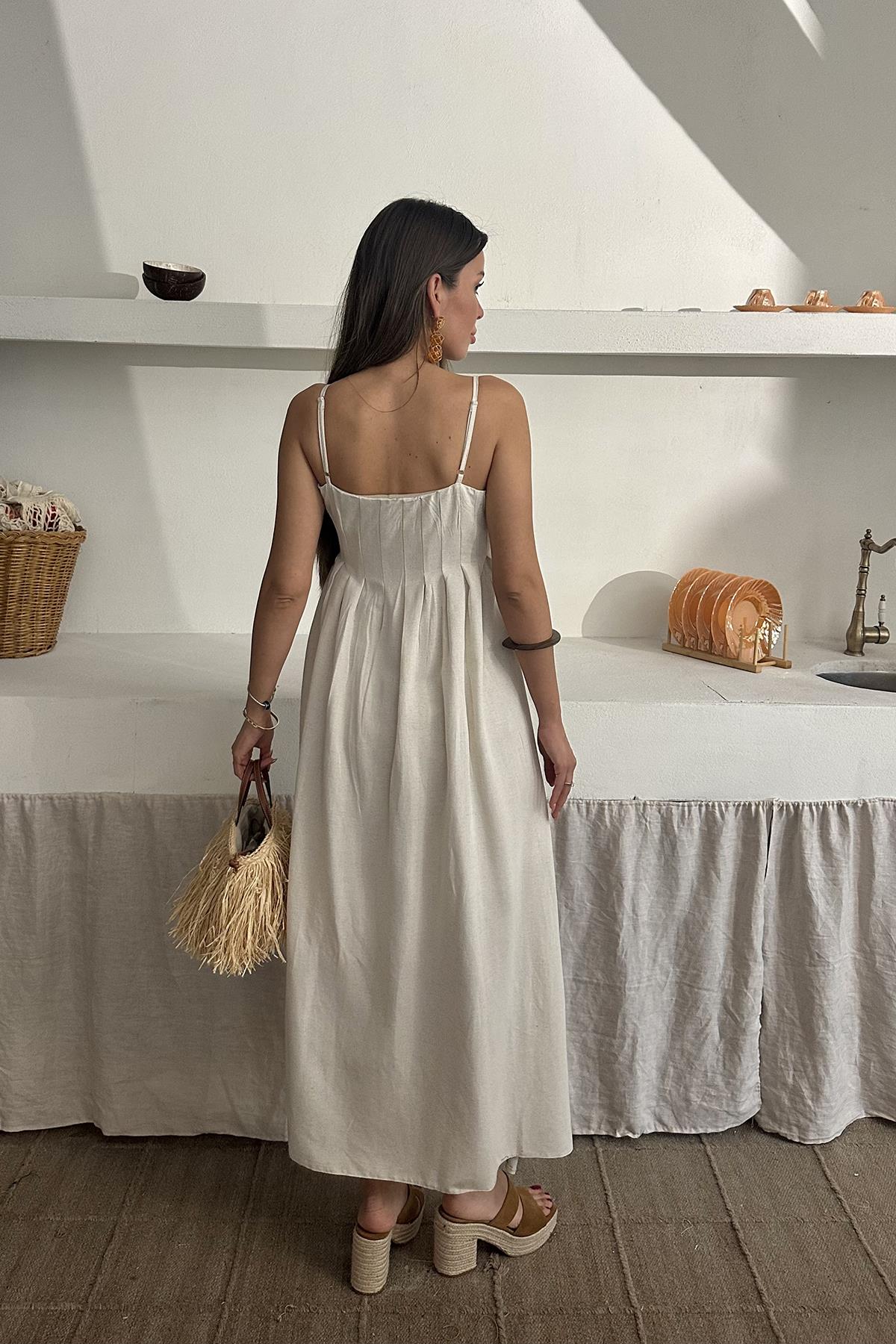 Toptan Bej Askılı Pileli Keten Elbise