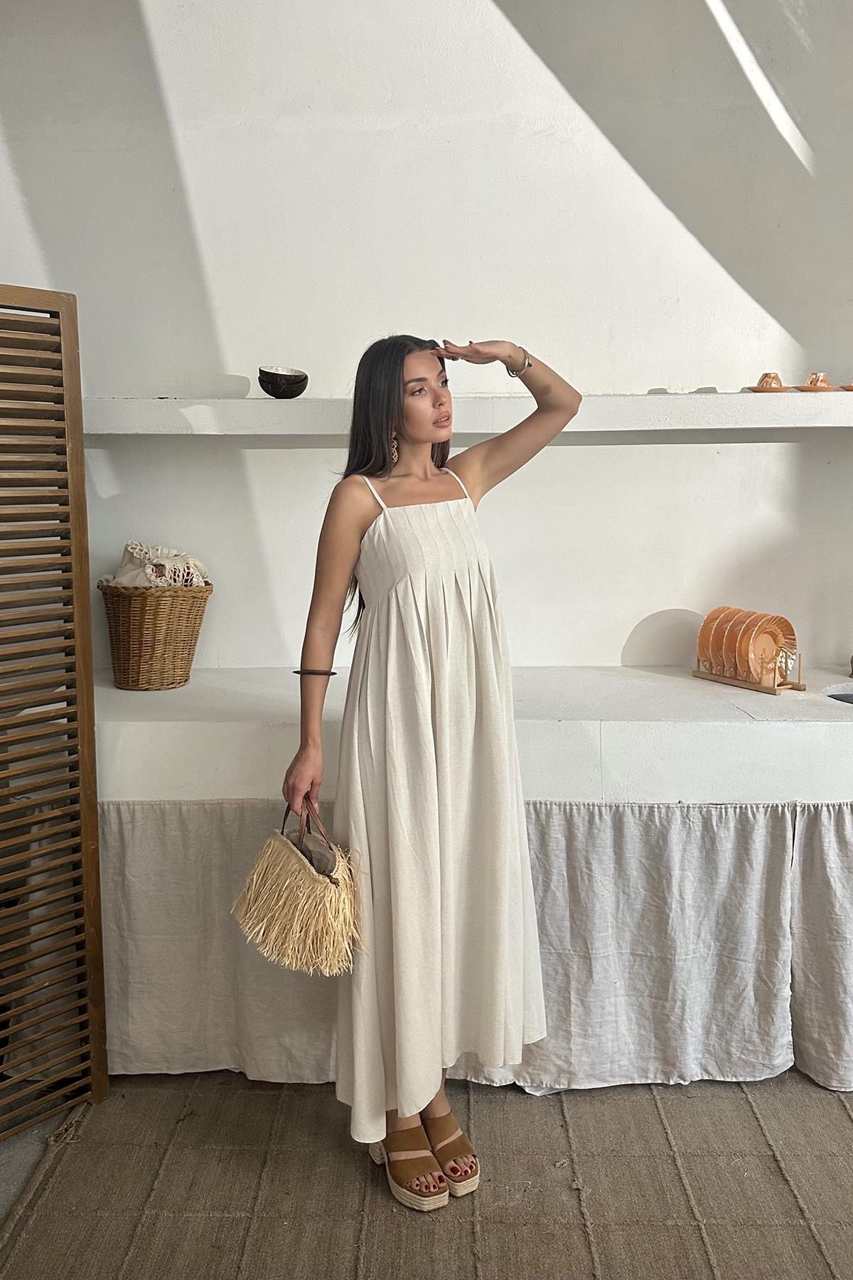 Toptan Bej Askılı Pileli Keten Elbise