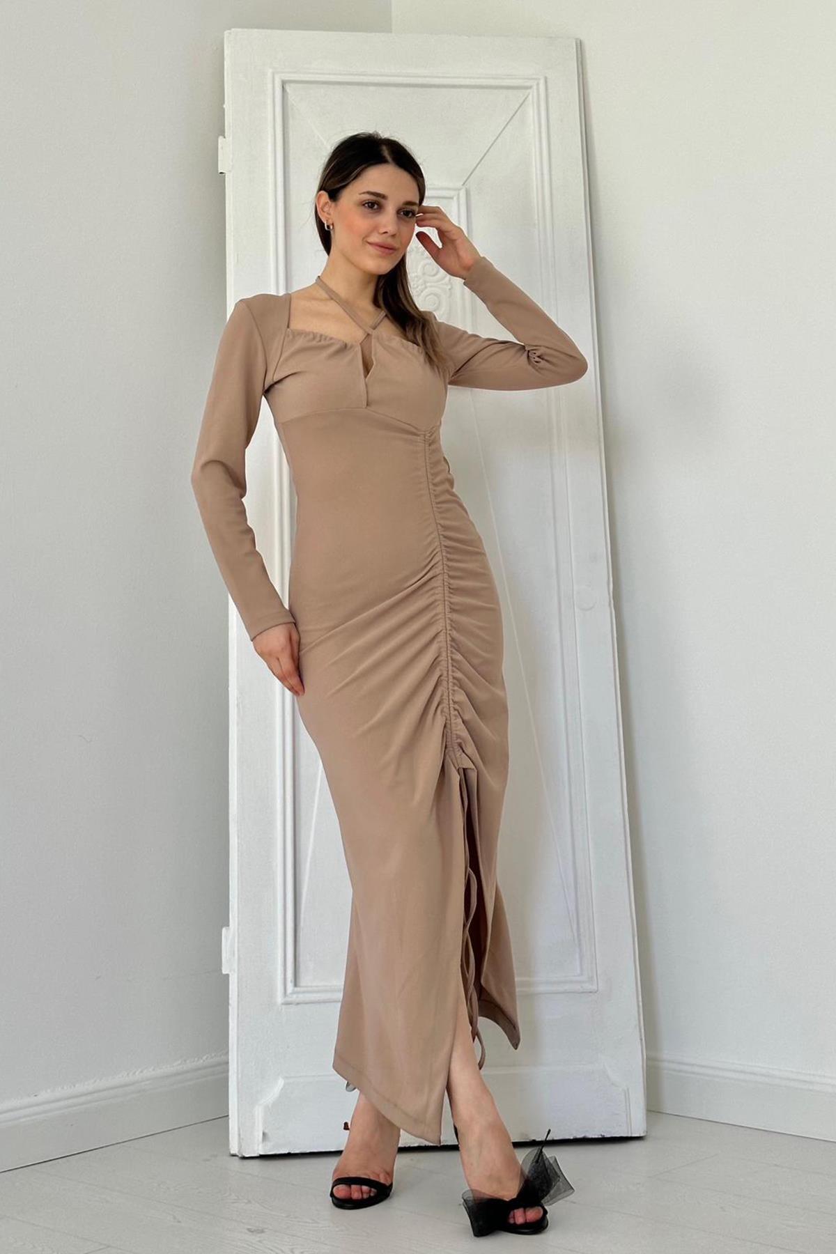 Toptan Bej Askılı Ve Yırtmaçlı Elbise Bej L