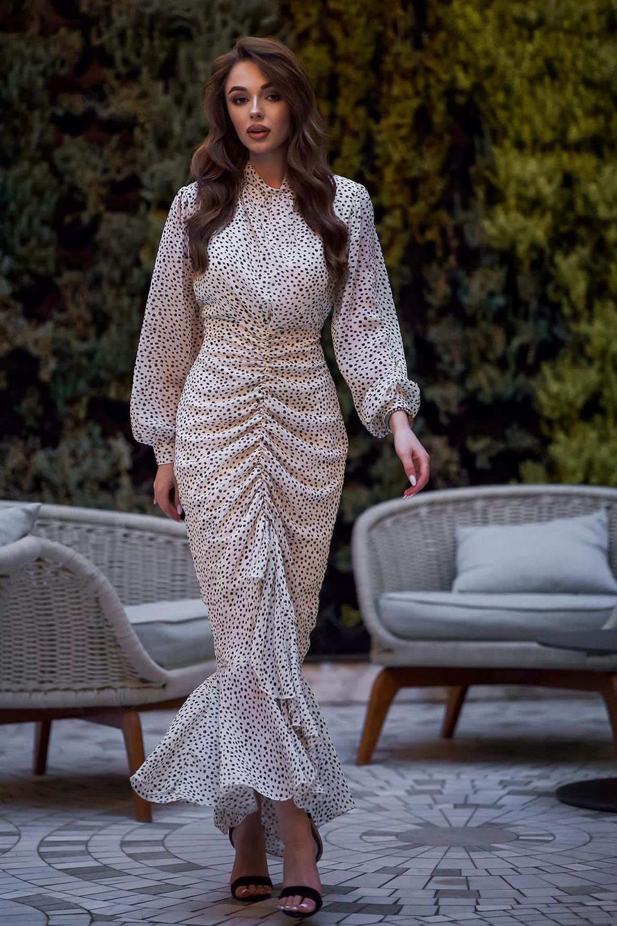 Toptan Bej Balık Şifon Elbise Bej L