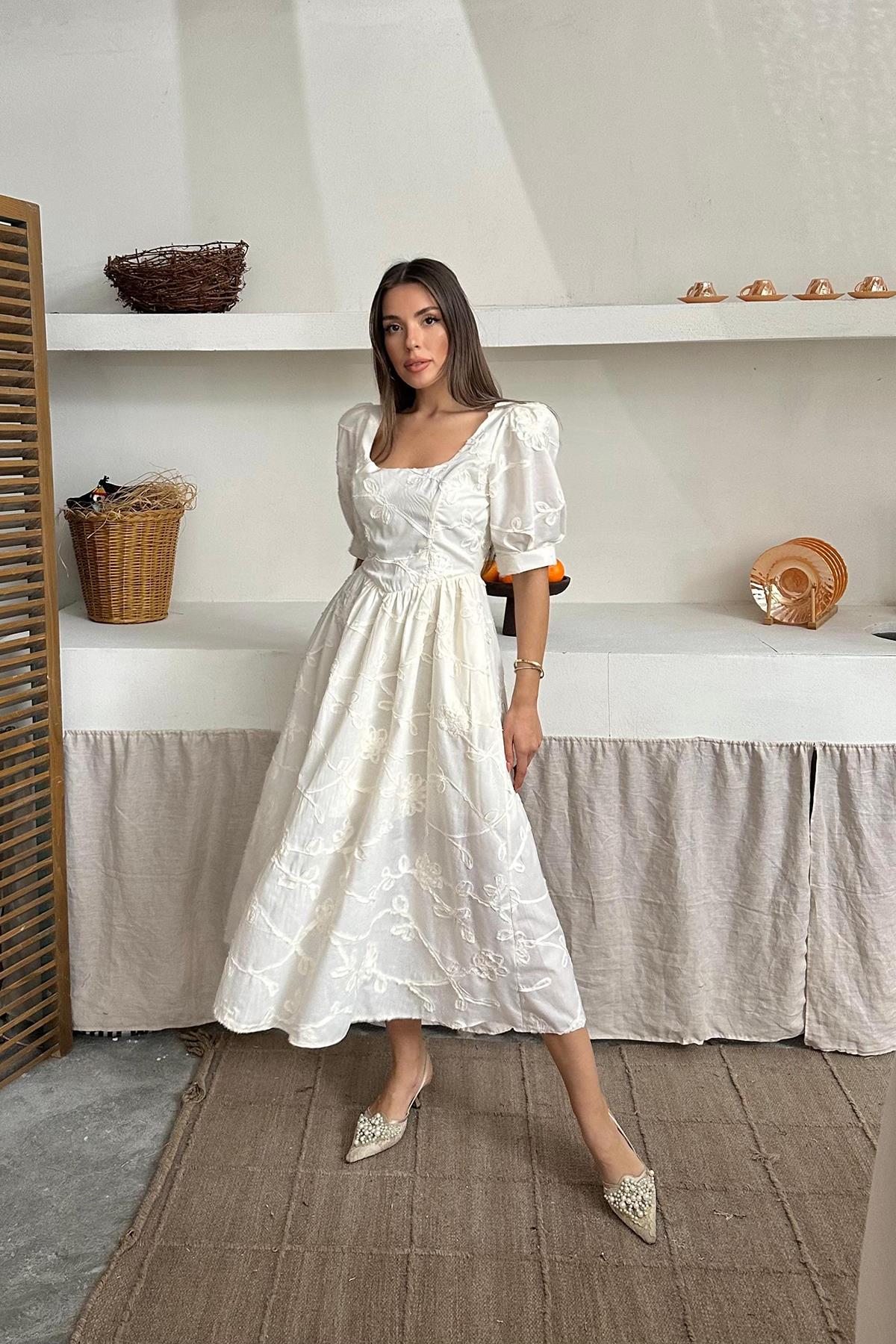 Toptan Bej Balon Kollu Brode Elbise