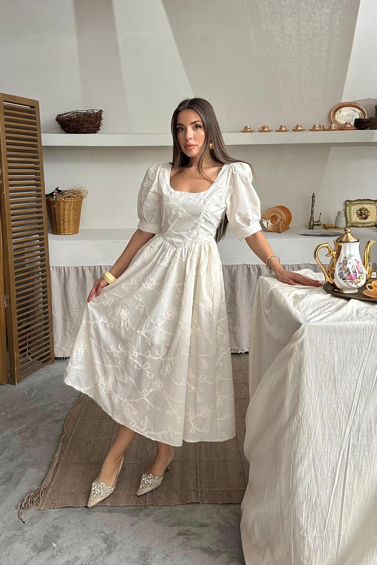 Toptan Bej Balon Kollu Brode Elbise Bej L