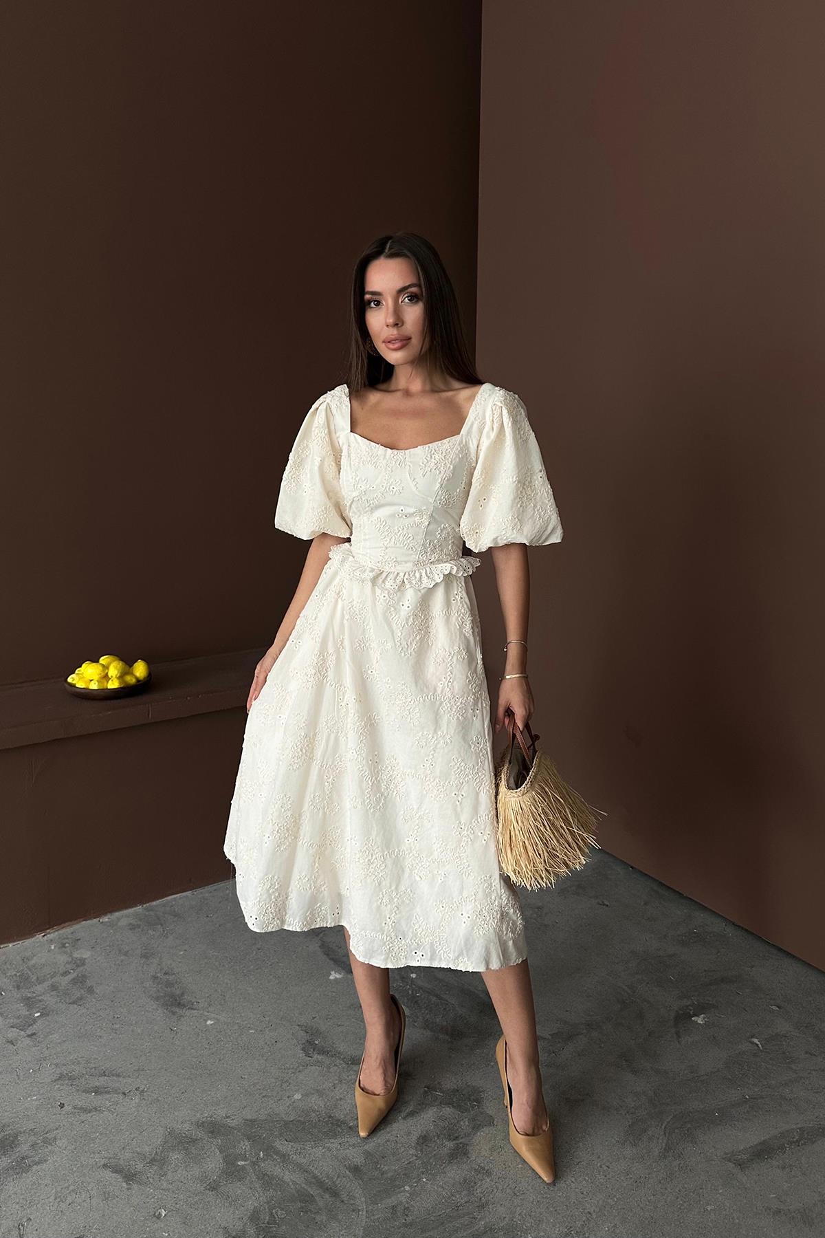 Toptan Bej Balon Kollu Dantelli Brode Elbise Bej L