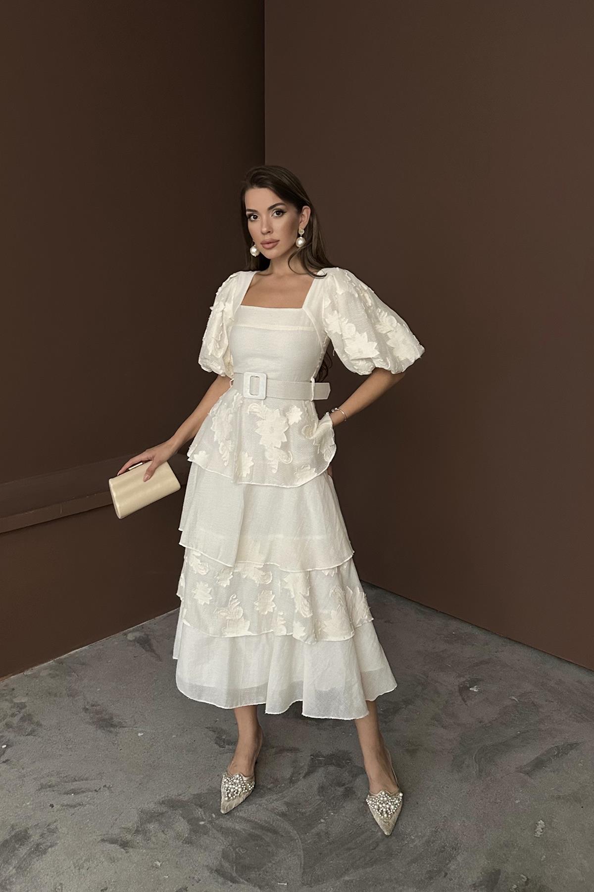 Toptan Bej Balon Kollu Kat Kat Elbise Bej L