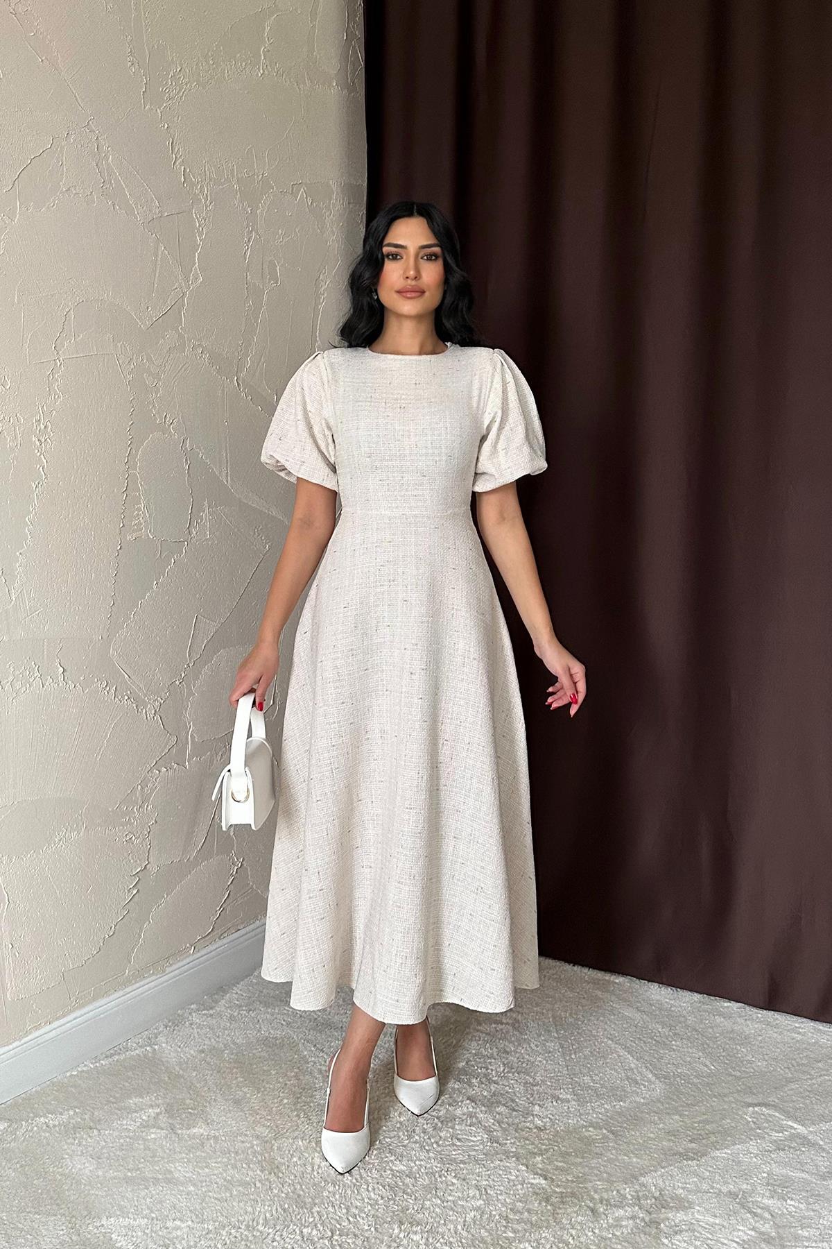 Toptan Bej Balon Kollu Uzun Elbise Bej L