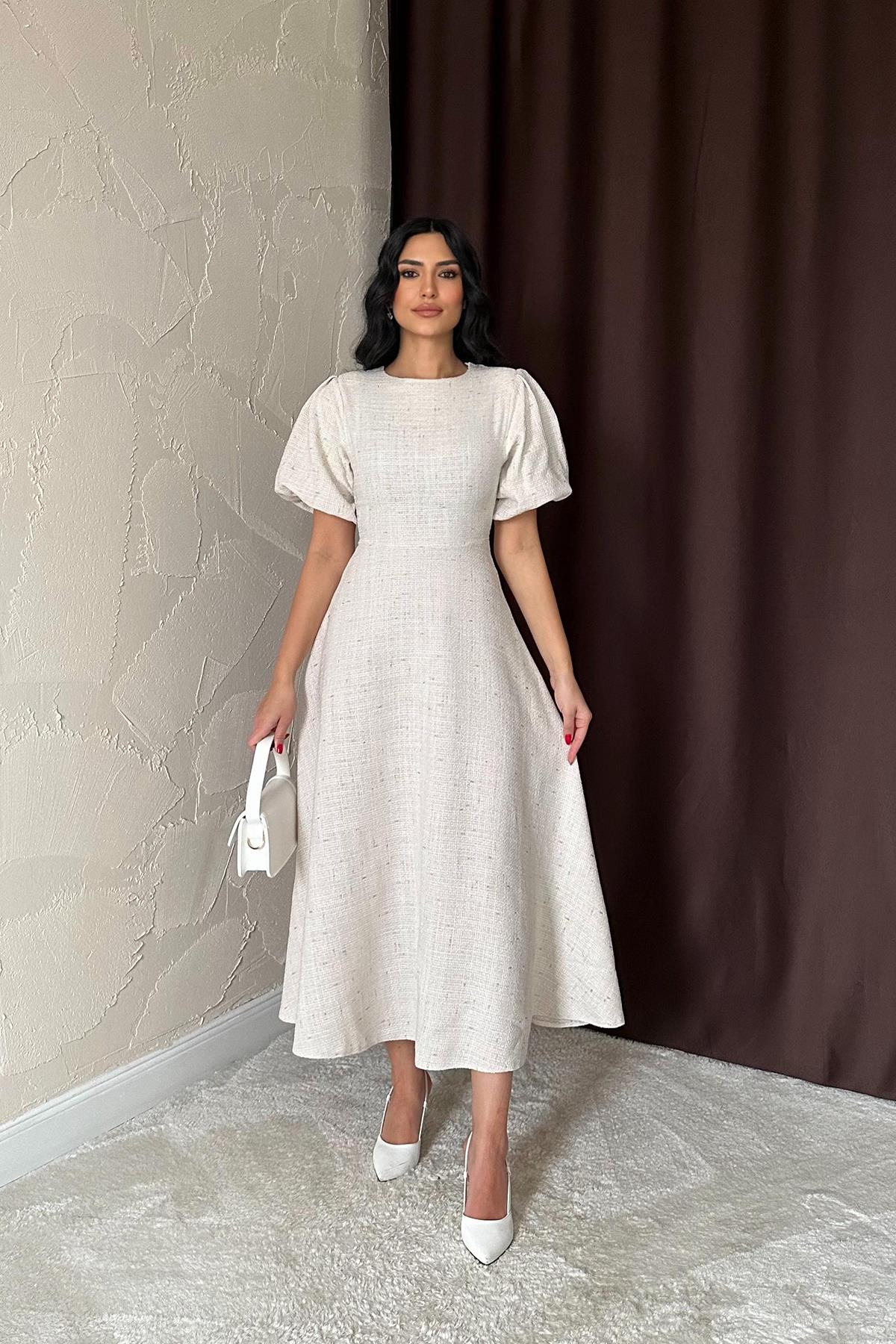 Toptan Bej Balon Kollu Uzun Elbise