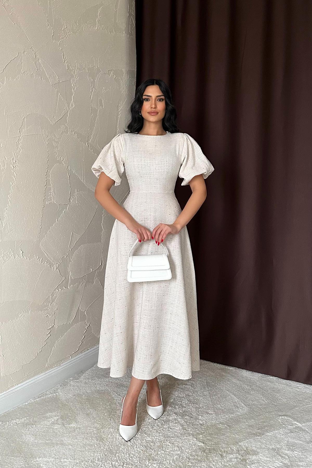 Toptan Bej Balon Kollu Uzun Elbise