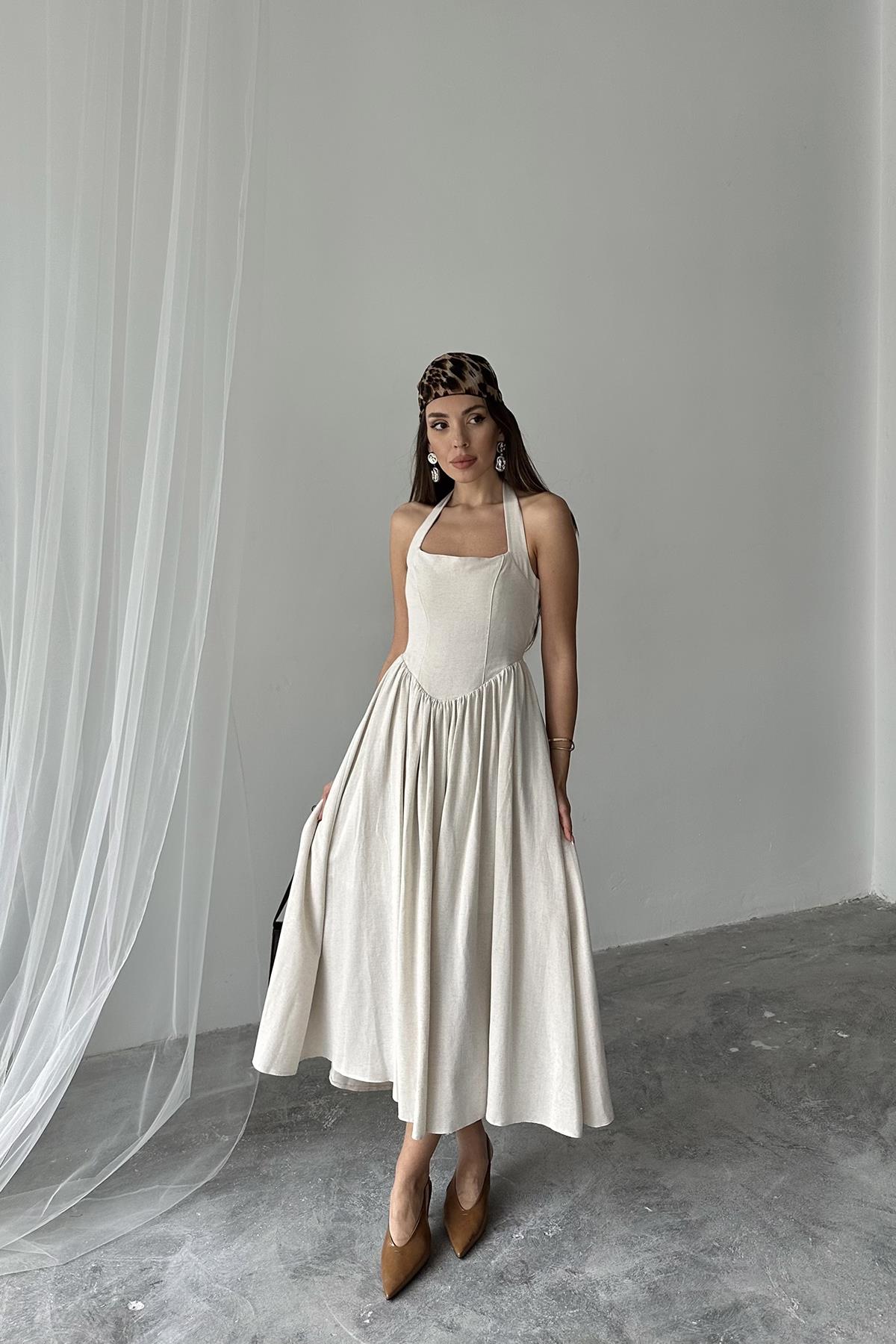 Toptan Bej Boyundan Bağlamalı Keten Elbise Bej L