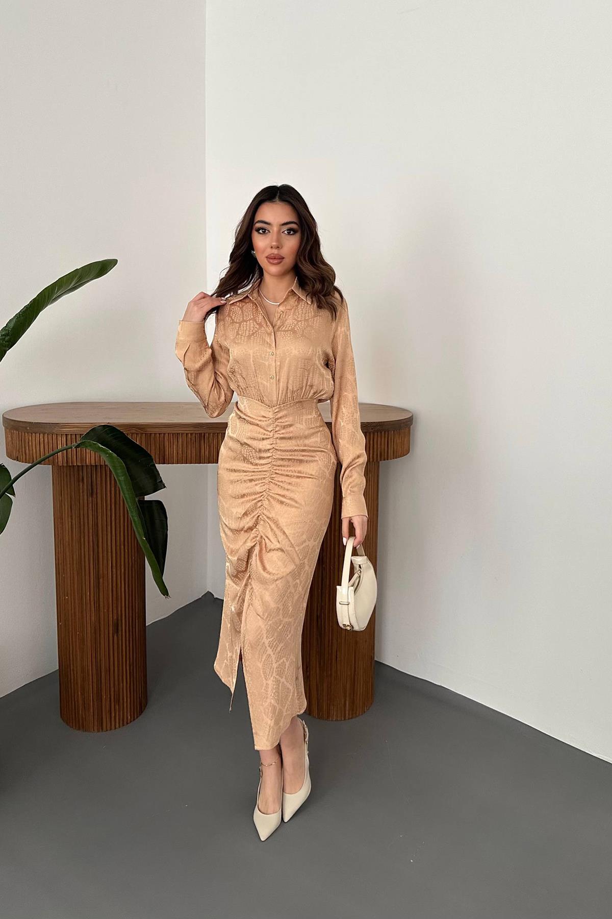 Toptan Bej Büzgülü Gömlek Elbise