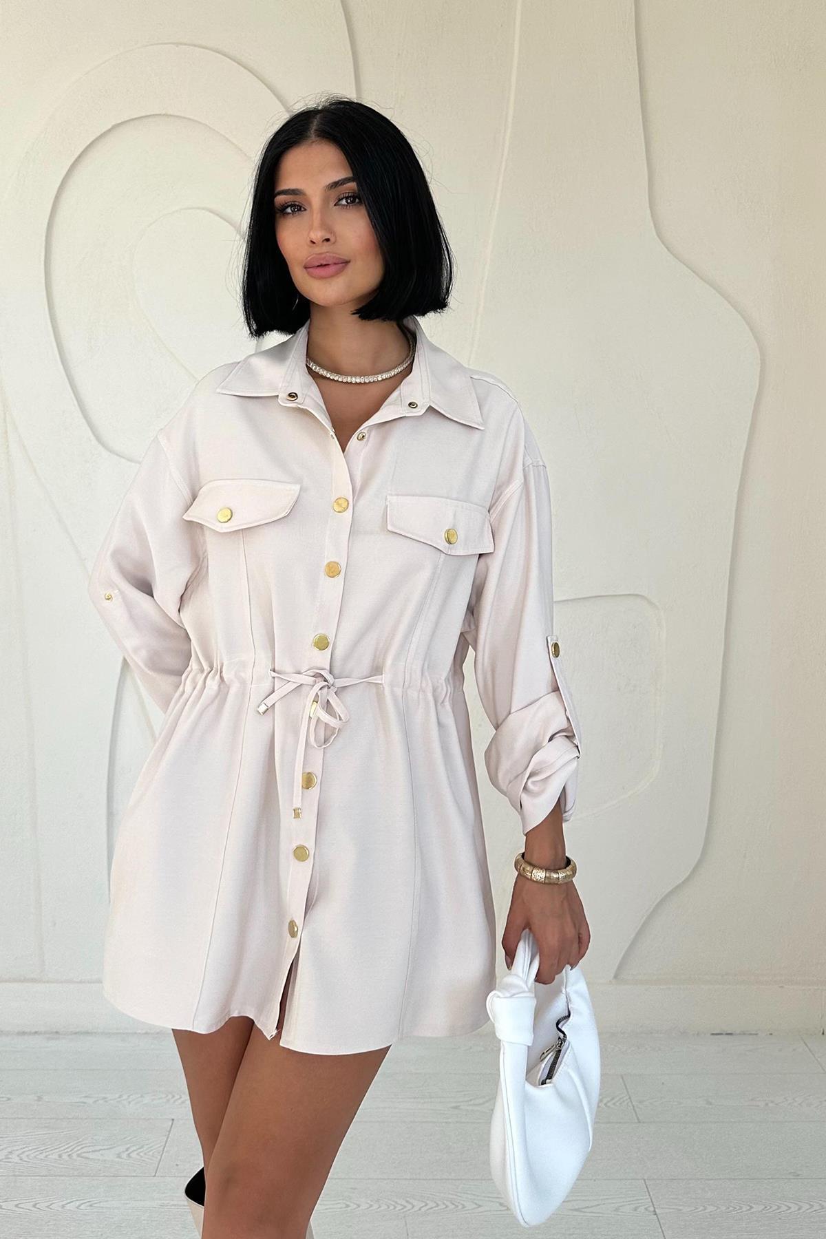 Toptan Bej Çıtçıtlı Tünelli Gömlek Bej L