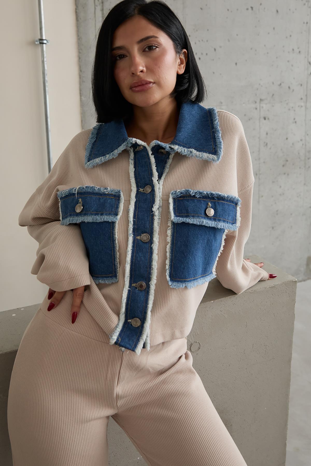 Toptan Bej Denim Garnili Gömlek Ve Pantolon Takım