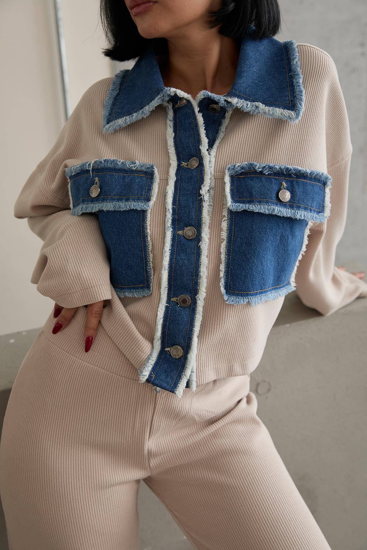 Toptan Bej Denim Garnili Gömlek Ve Pantolon Takım
