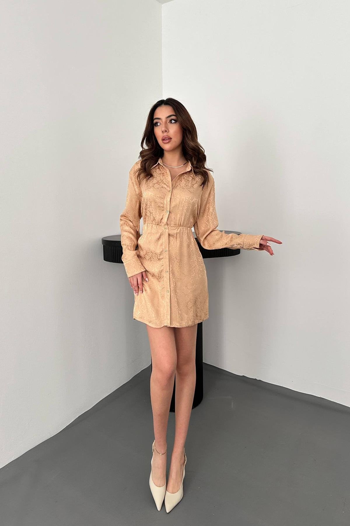 Toptan Bej Desenli Jakar Elbise Bej L