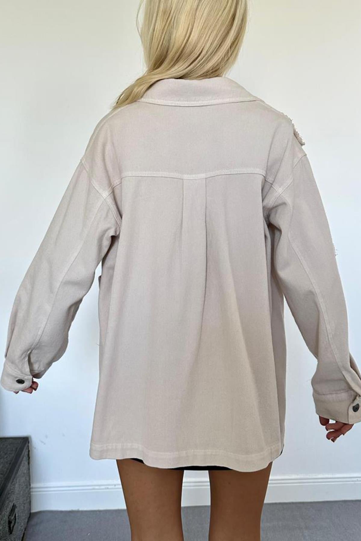 Toptan Bej Gabardin Arma Detaylı Gömlek Ceket