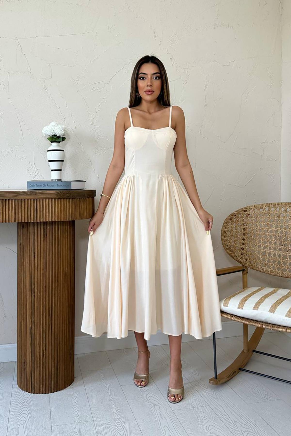 Toptan Bej Göğüs Kuplu Uzun Büzgülü Elbise Bej L