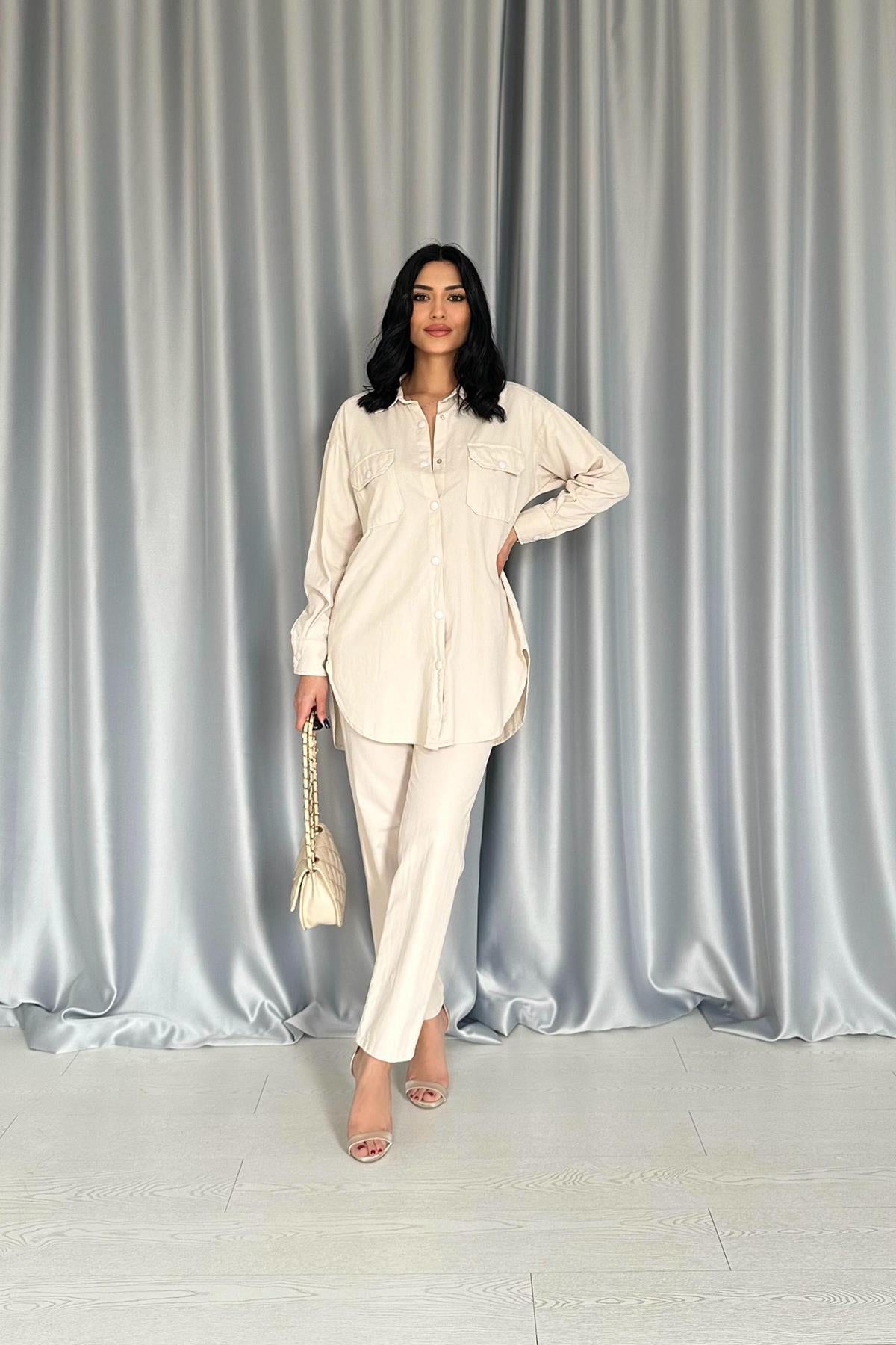 Toptan Bej Gömlek Ve Çıtçıtlı Pantolon Takım
