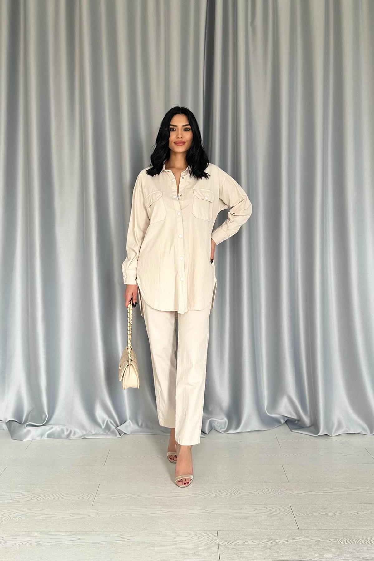 Toptan Bej Gömlek Ve Çıtçıtlı Pantolon Takım Bej L