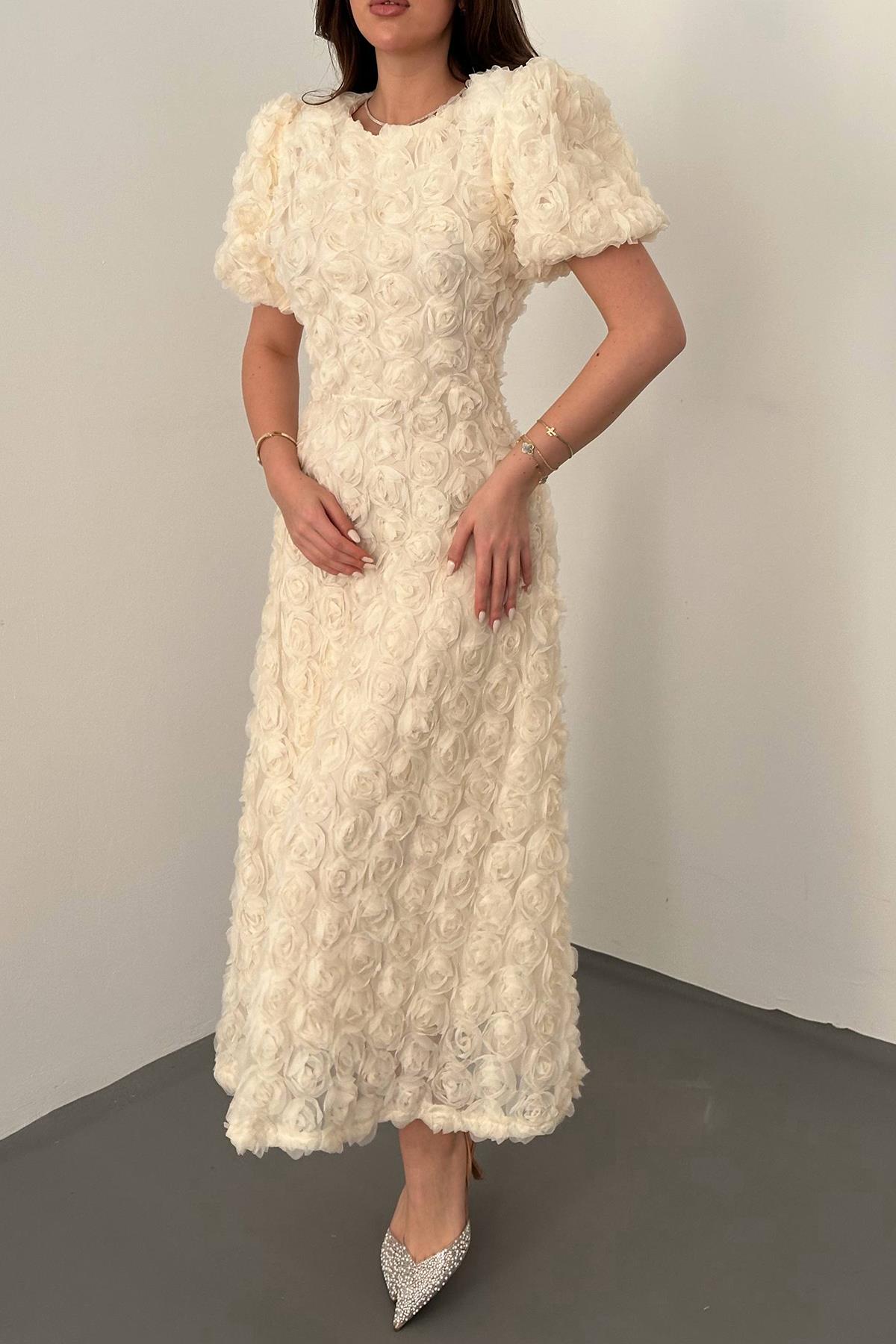 Toptan Bej Güllü Elbise