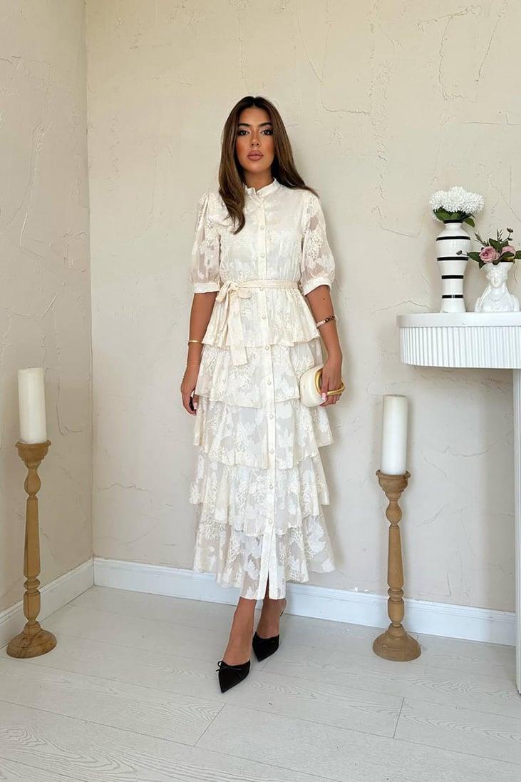 Toptan Bej Kat Kat Desenli Elbise